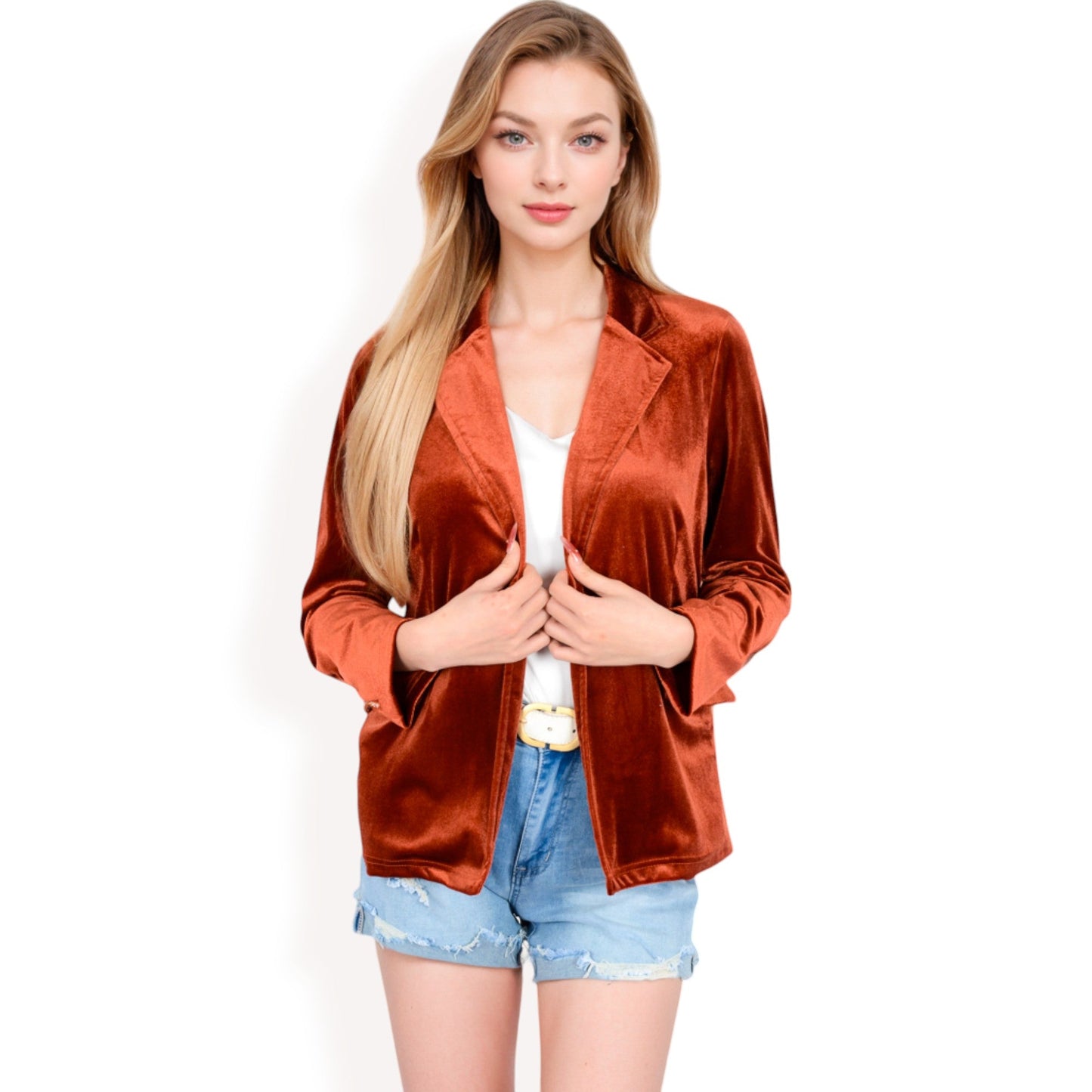 Velvet Blazer With Notch Collar And Front Pockets