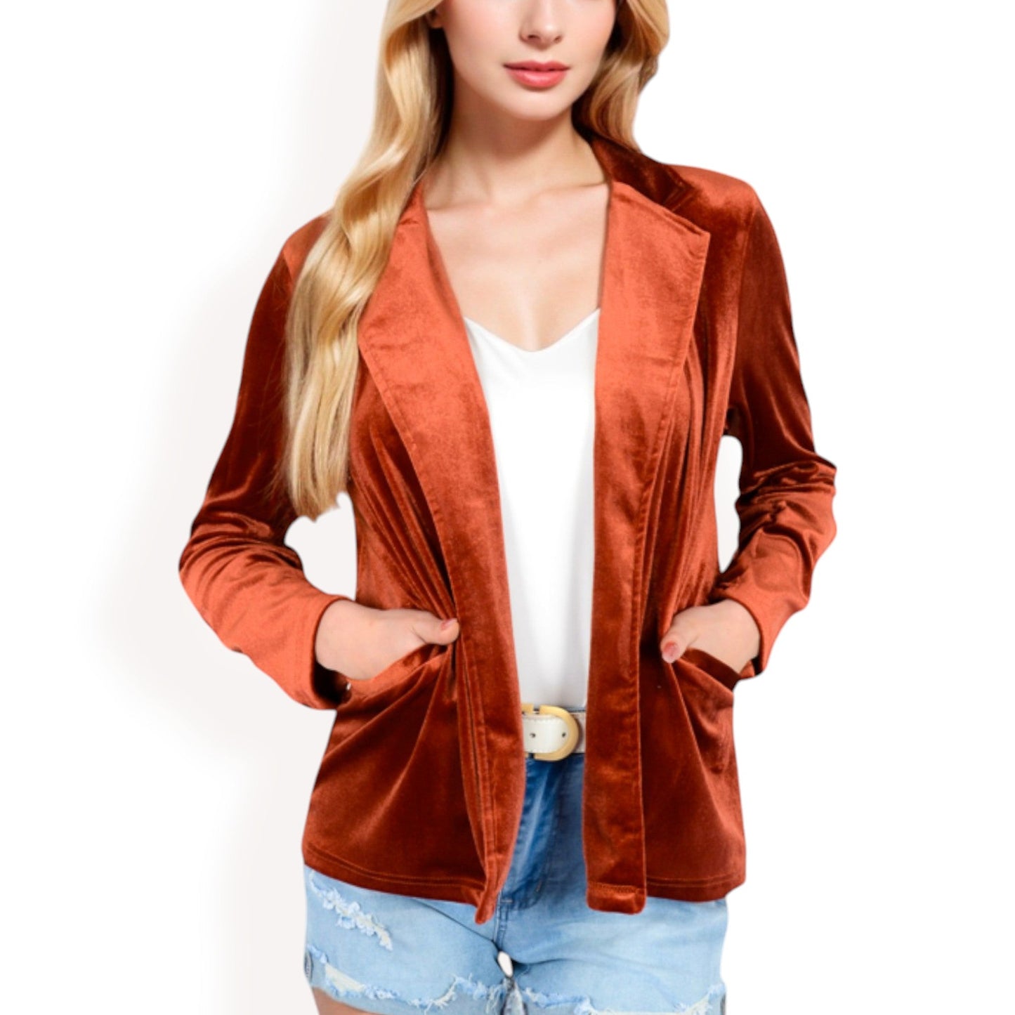 Velvet Blazer With Notch Collar And Front Pockets