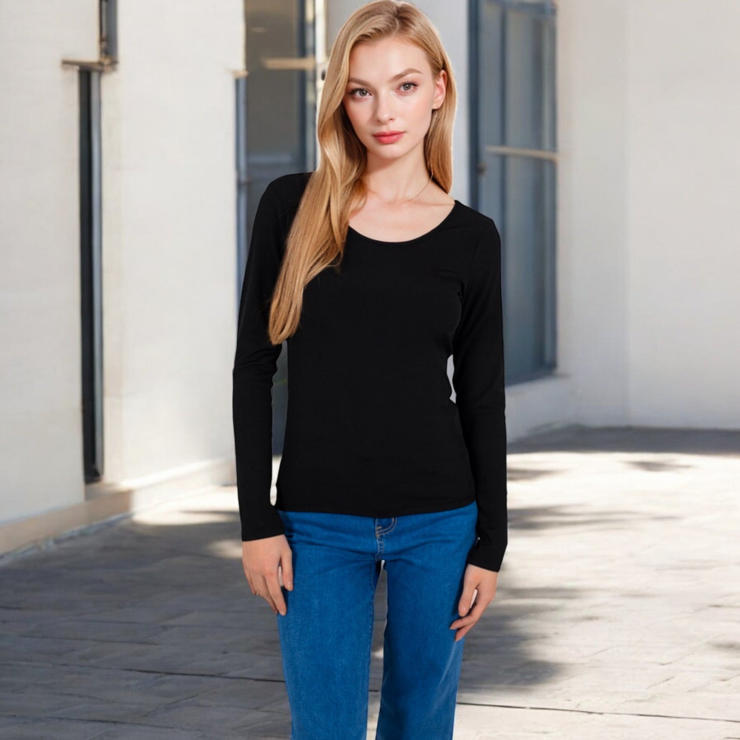 Long Sleeve Scoop Neck Stretch Knit Top