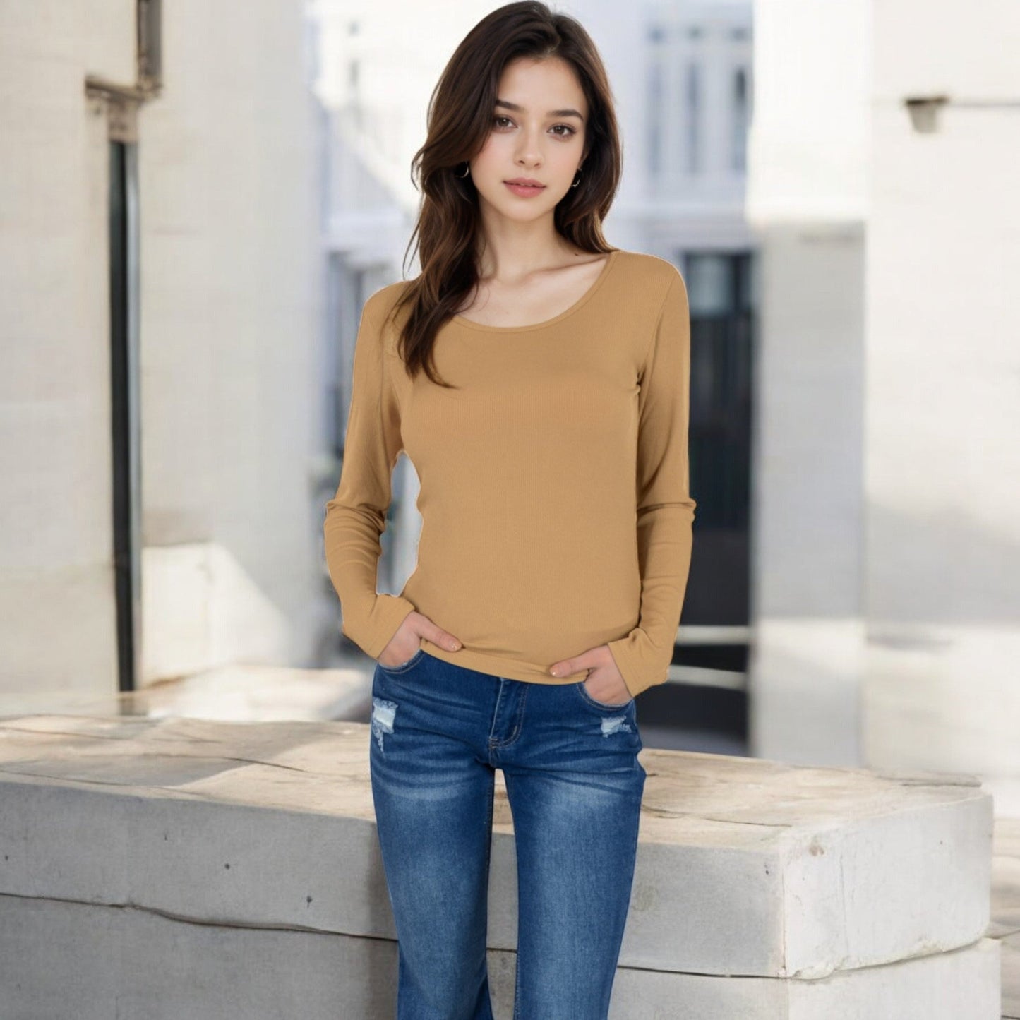 Long Sleeve Scoop Neck Stretch Knit Top