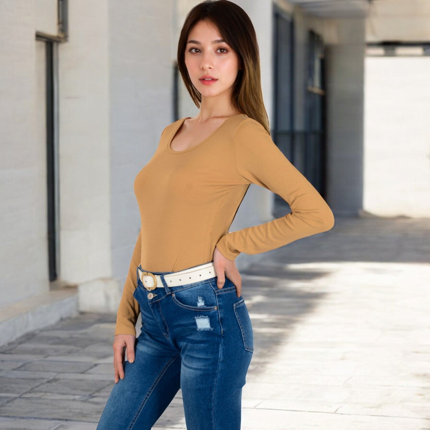 Long Sleeve Scoop Neck Stretch Knit Top