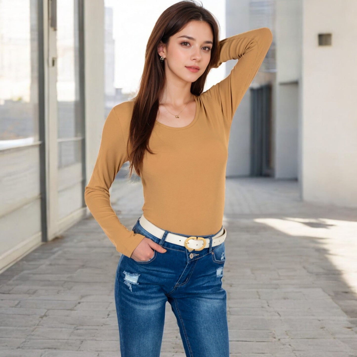 Long Sleeve Scoop Neck Stretch Knit Top