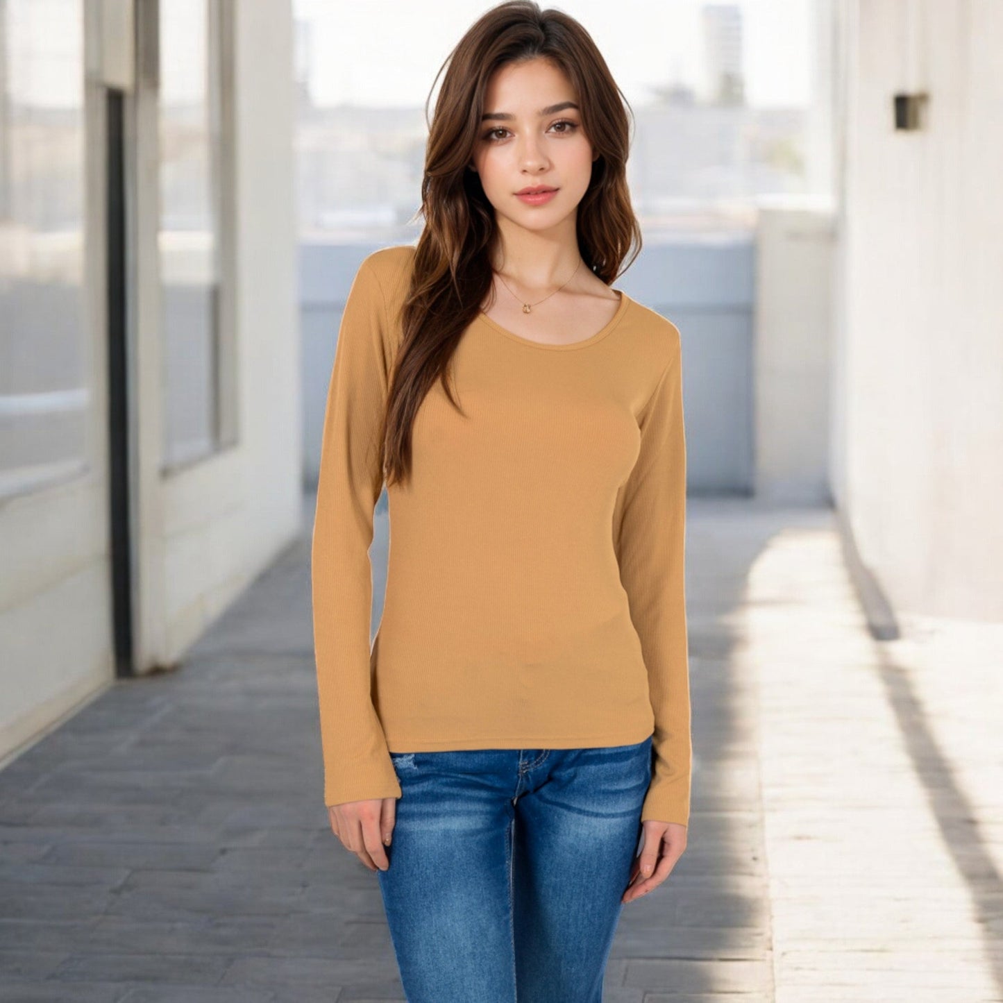 Long Sleeve Scoop Neck Stretch Knit Top
