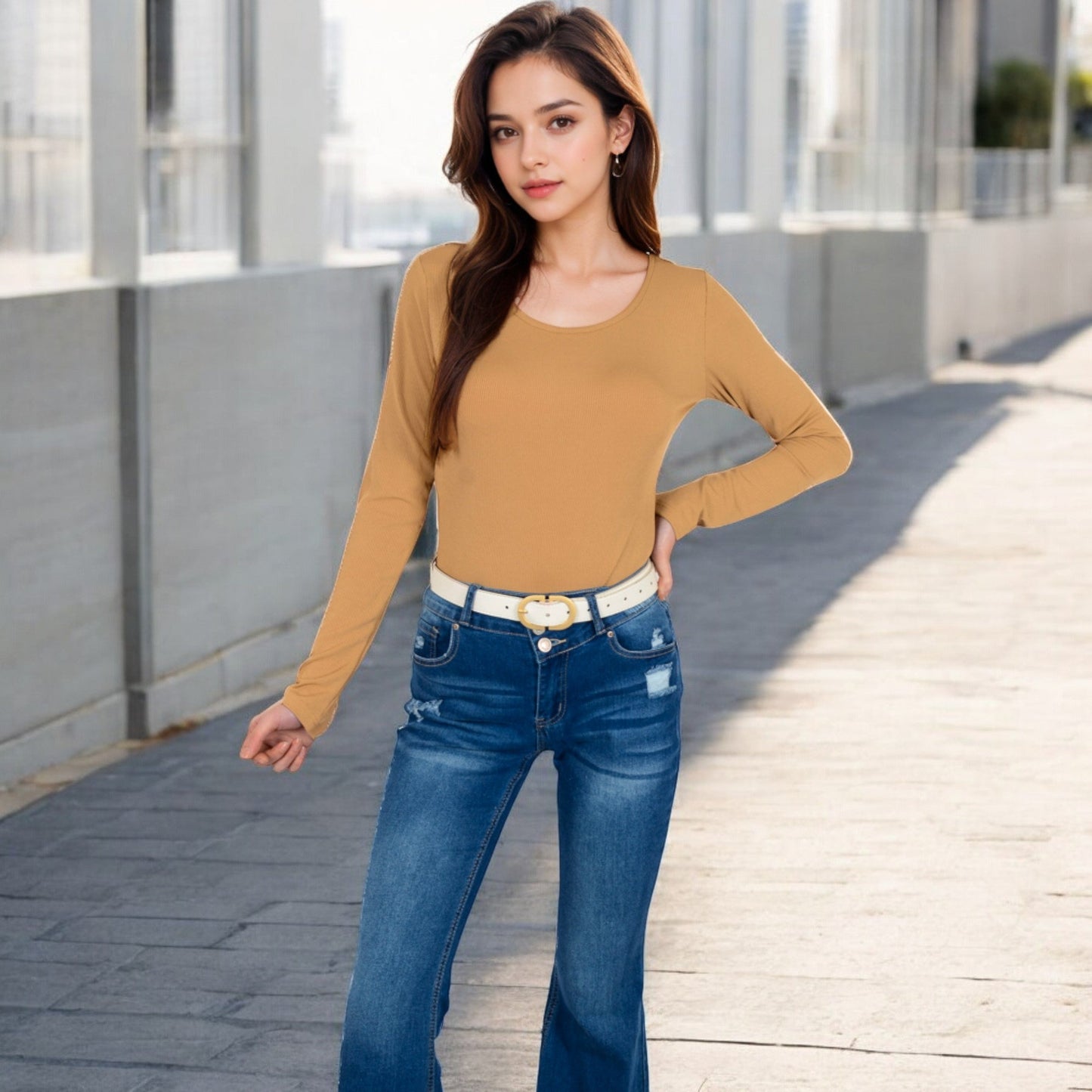 Long Sleeve Scoop Neck Stretch Knit Top
