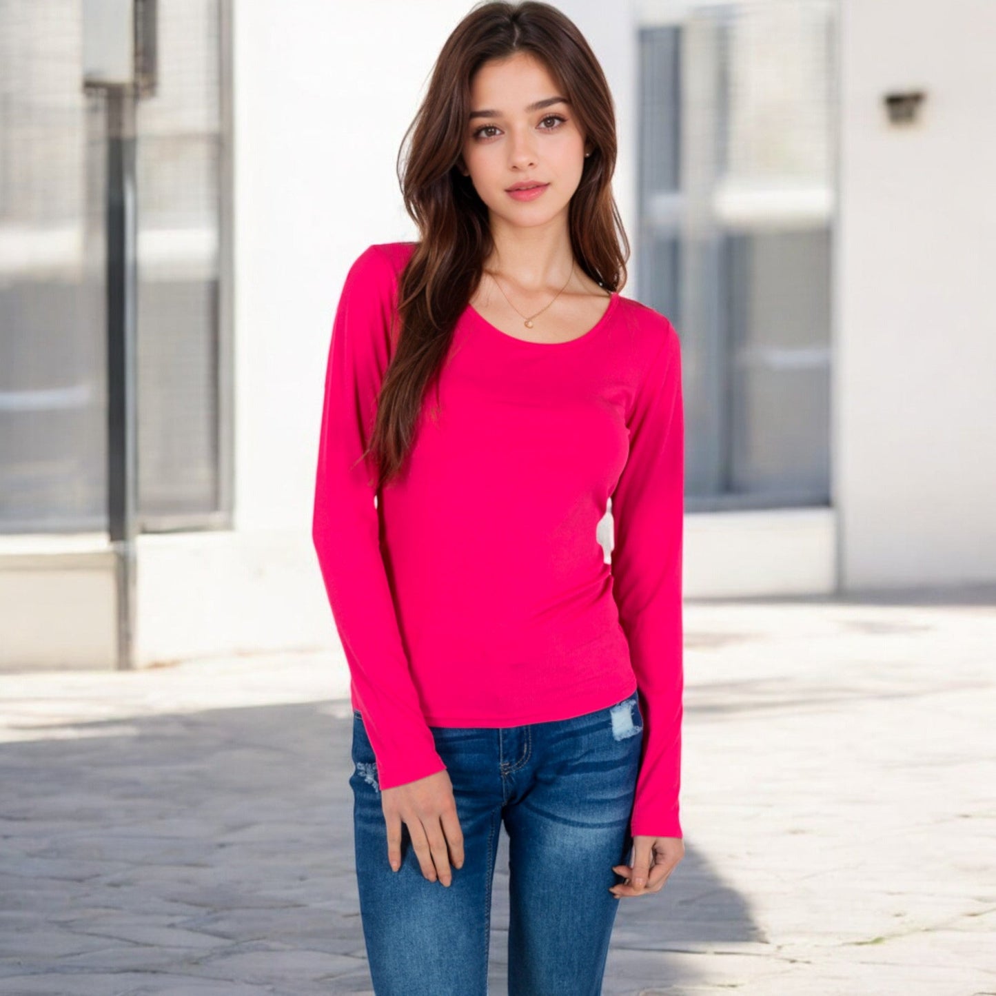 Long Sleeve Scoop Neck Stretch Knit Top