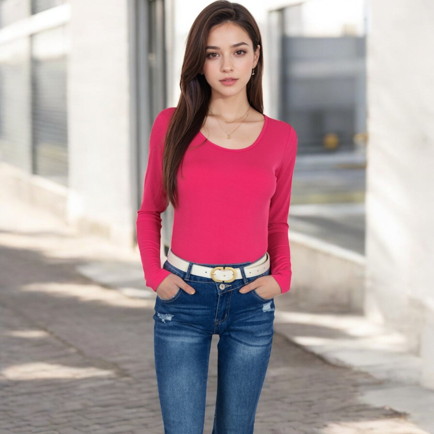 Long Sleeve Scoop Neck Stretch Knit Top