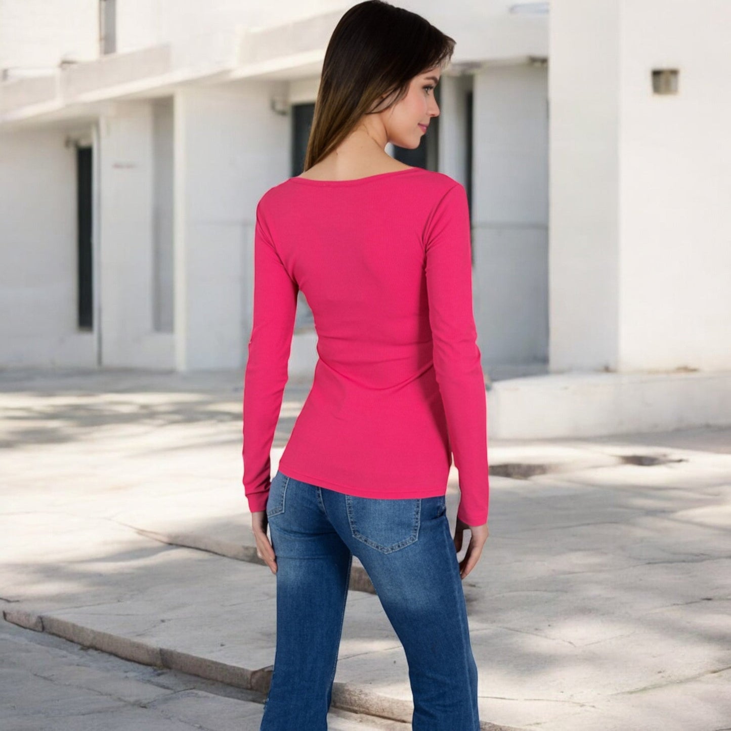 Long Sleeve Scoop Neck Stretch Knit Top