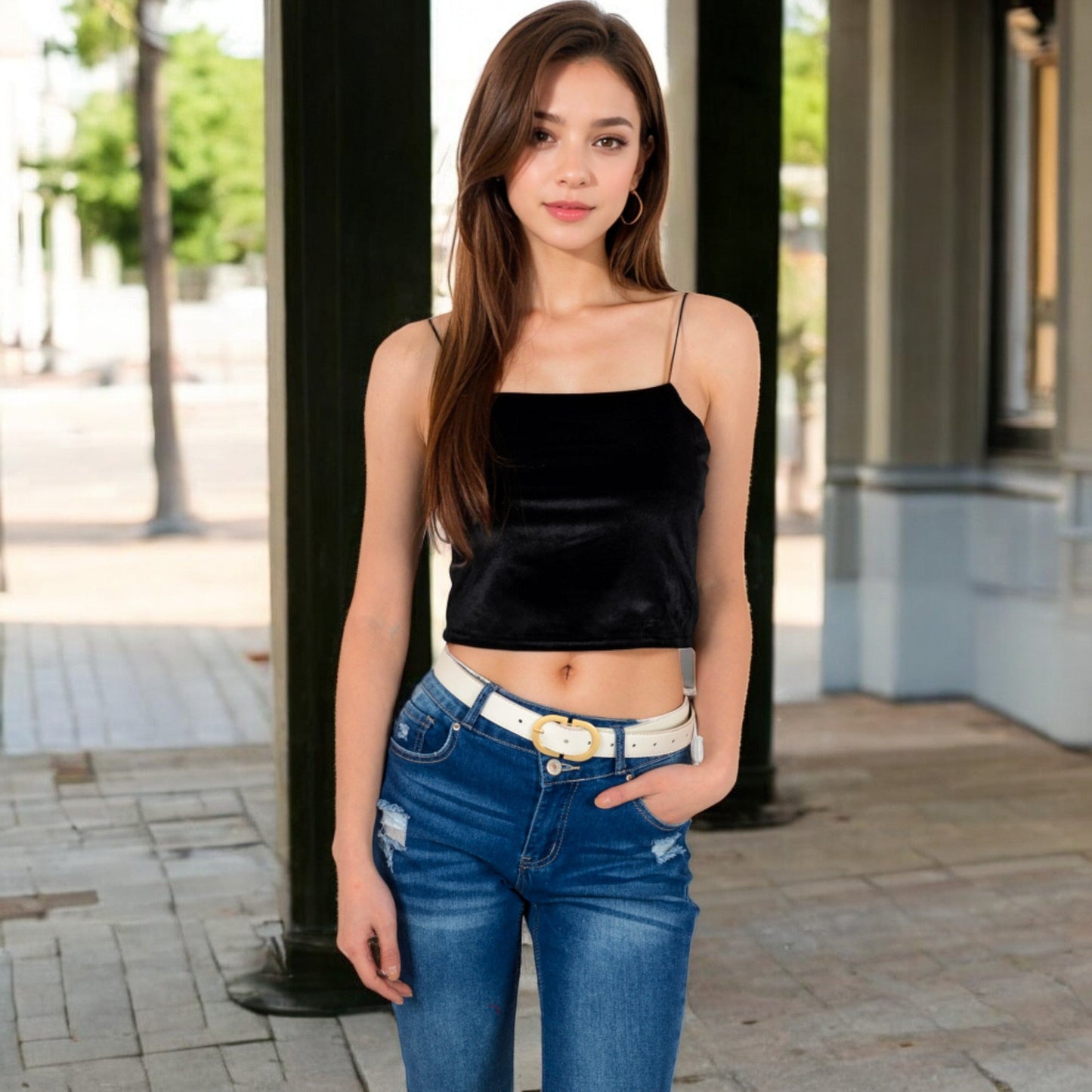 Velvet Spaghetti Strap Cropped Cami Top