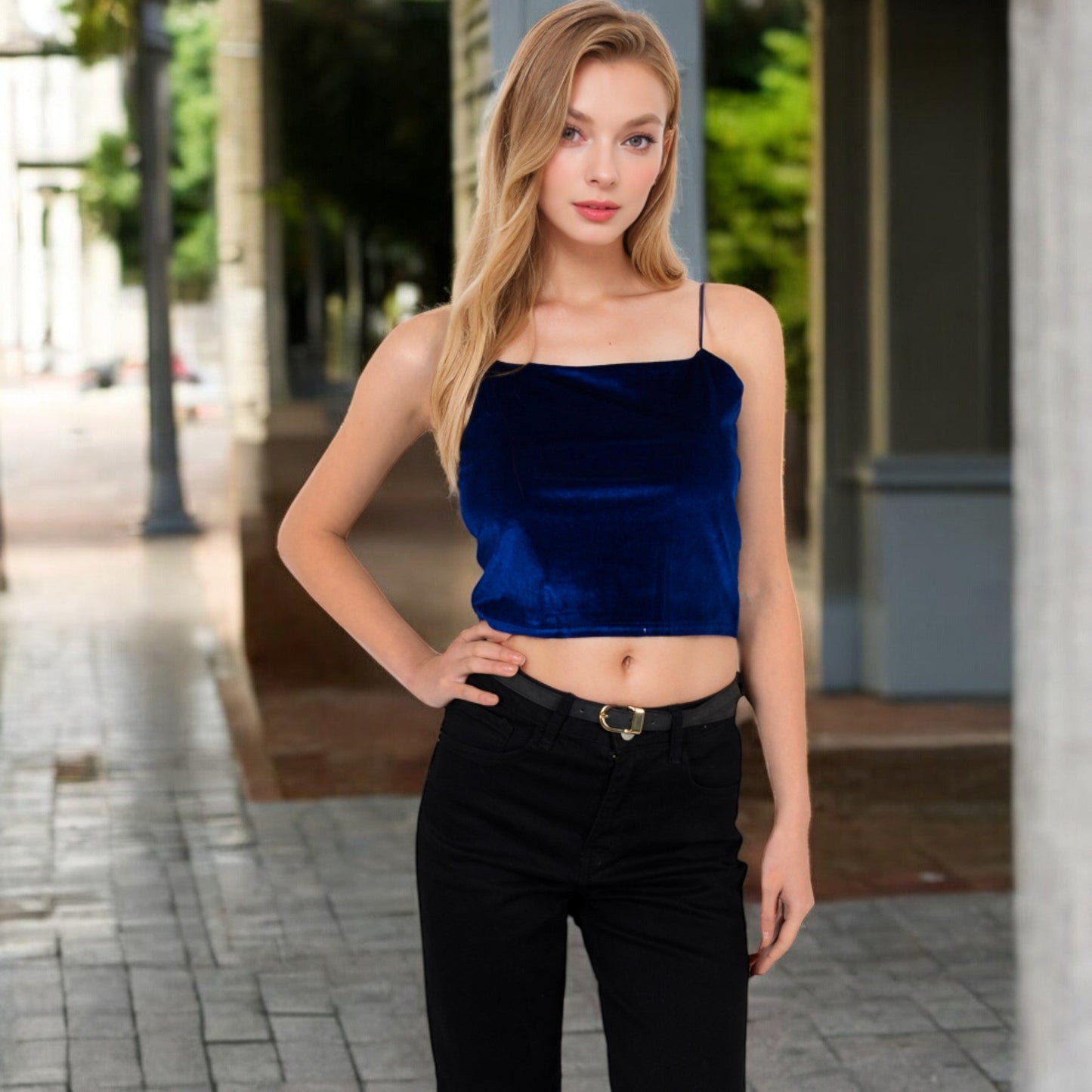 Velvet Spaghetti Strap Cropped Cami Top