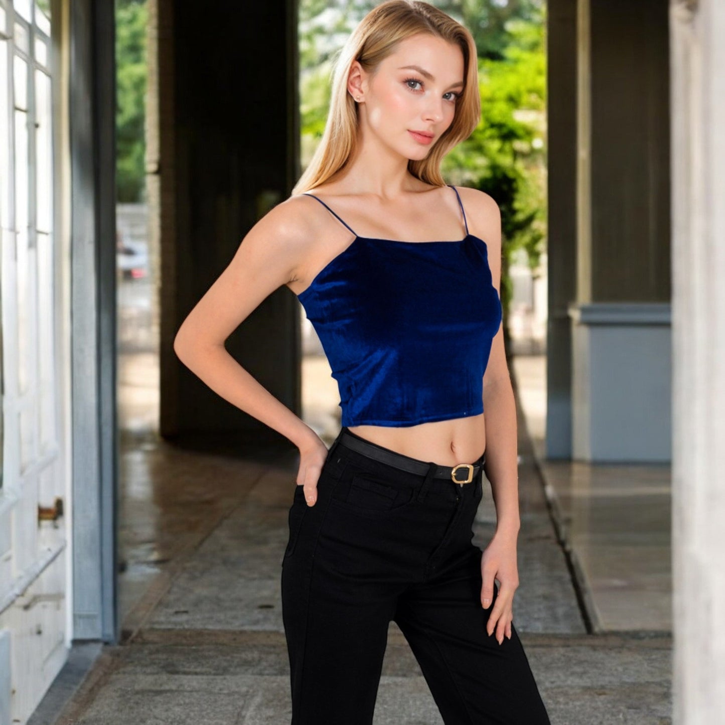 Velvet Spaghetti Strap Cropped Cami Top