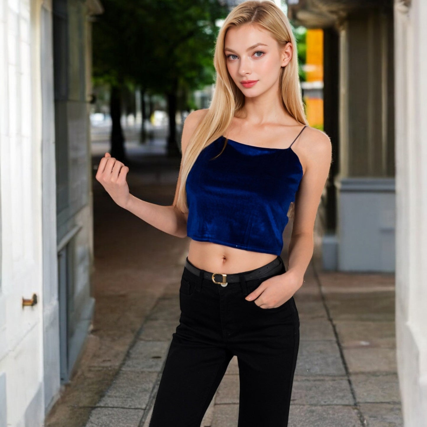 Velvet Spaghetti Strap Cropped Cami Top