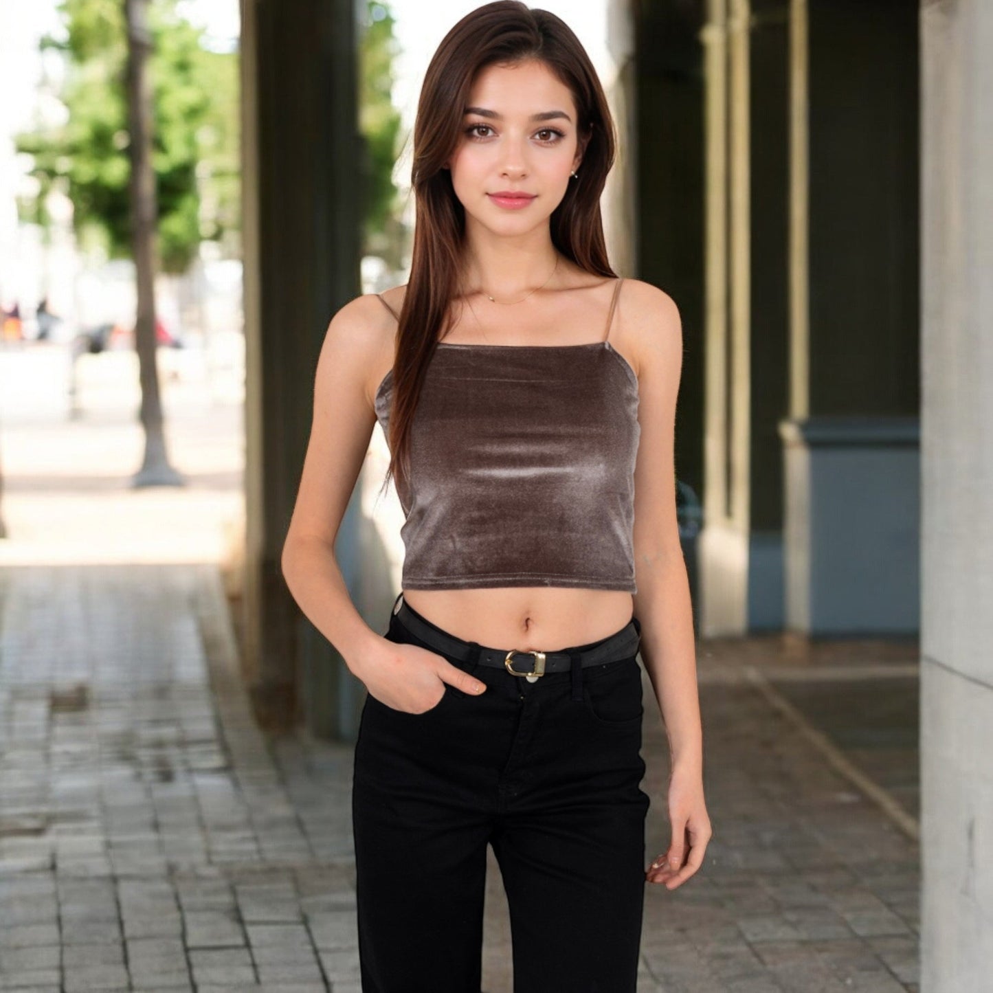 Velvet Spaghetti Strap Cropped Cami Top