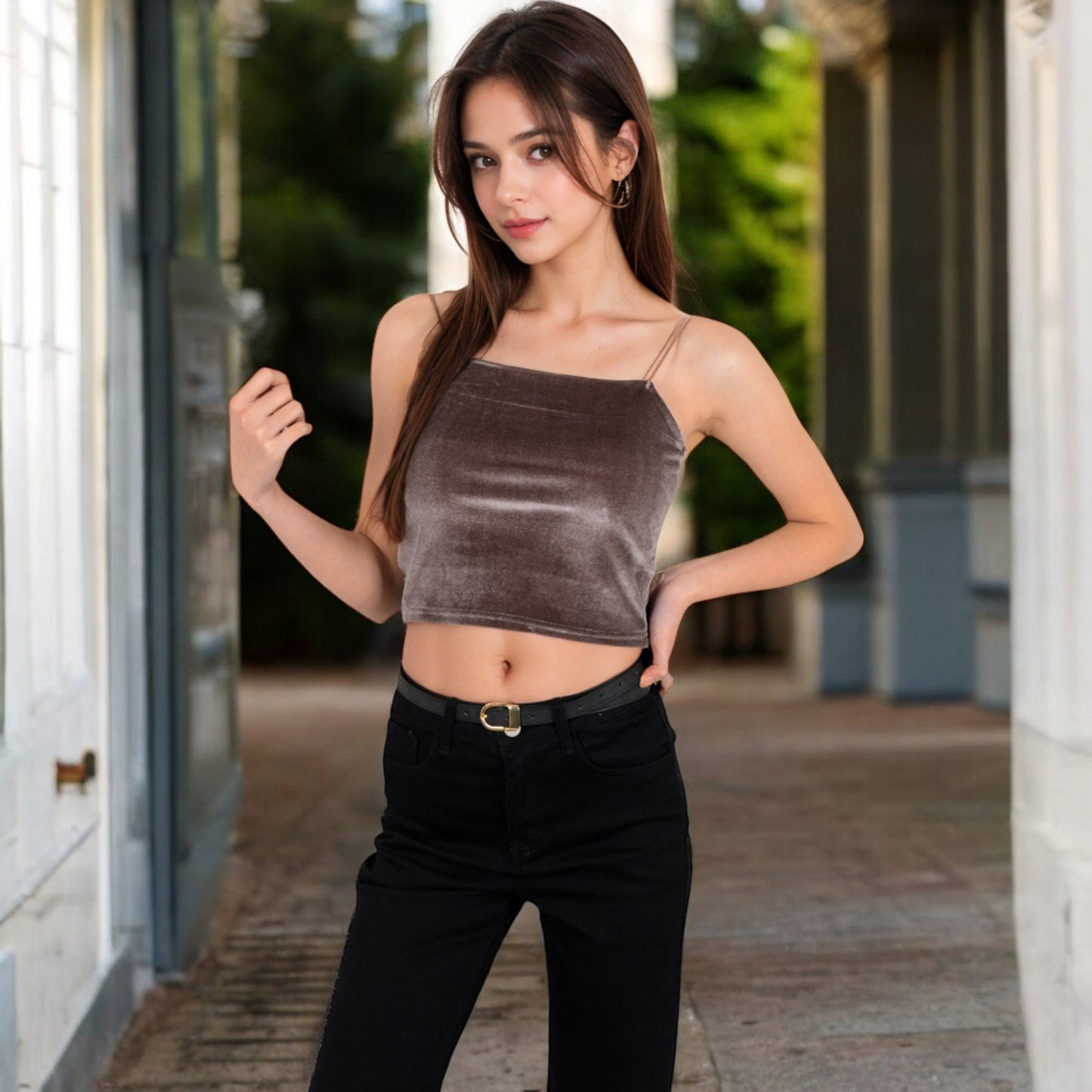 Velvet Spaghetti Strap Cropped Cami Top