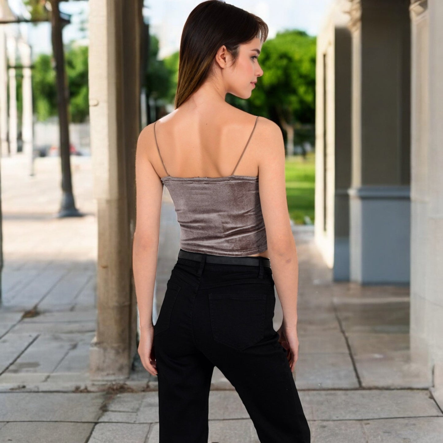 Velvet Spaghetti Strap Cropped Cami Top