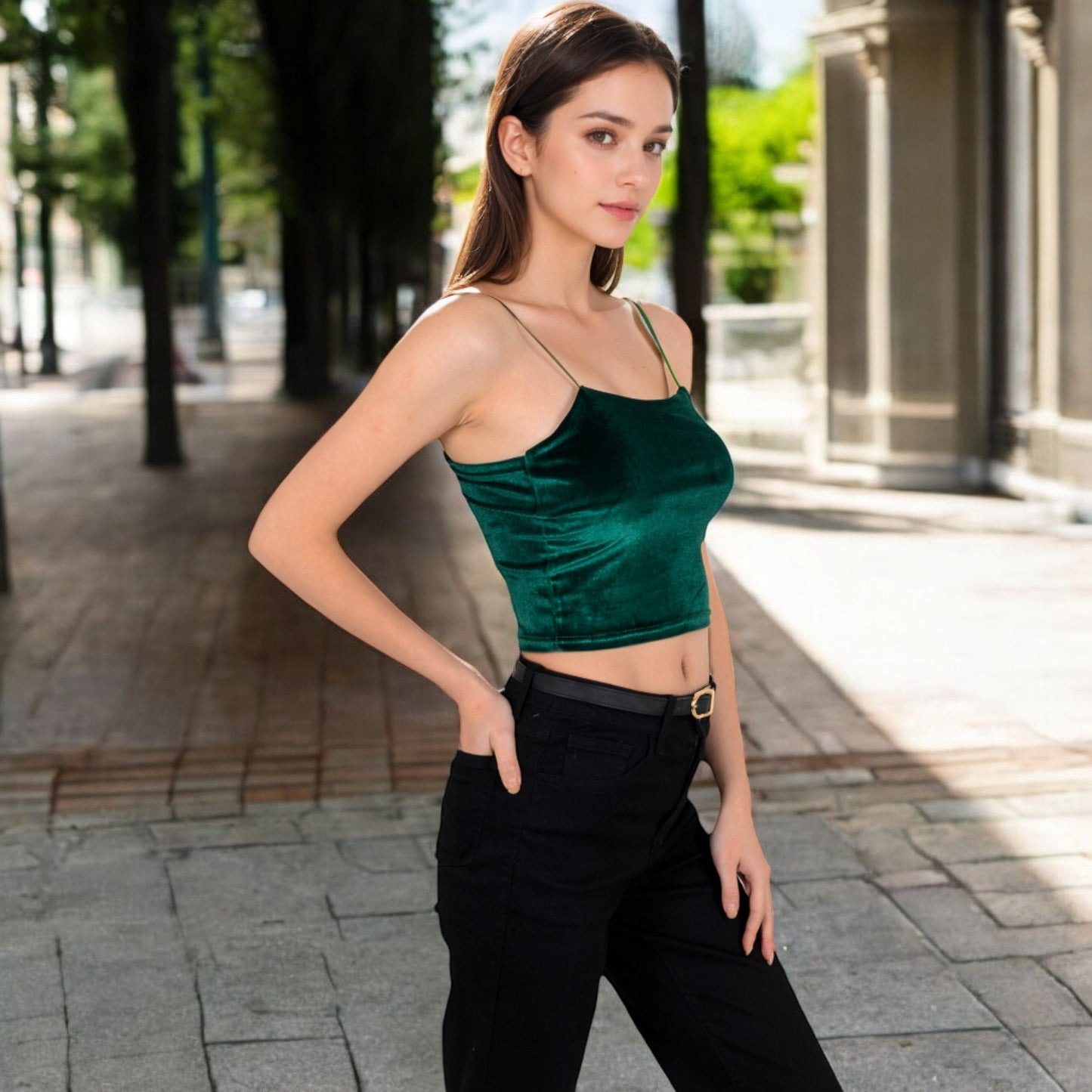 Velvet Spaghetti Strap Cropped Cami Top