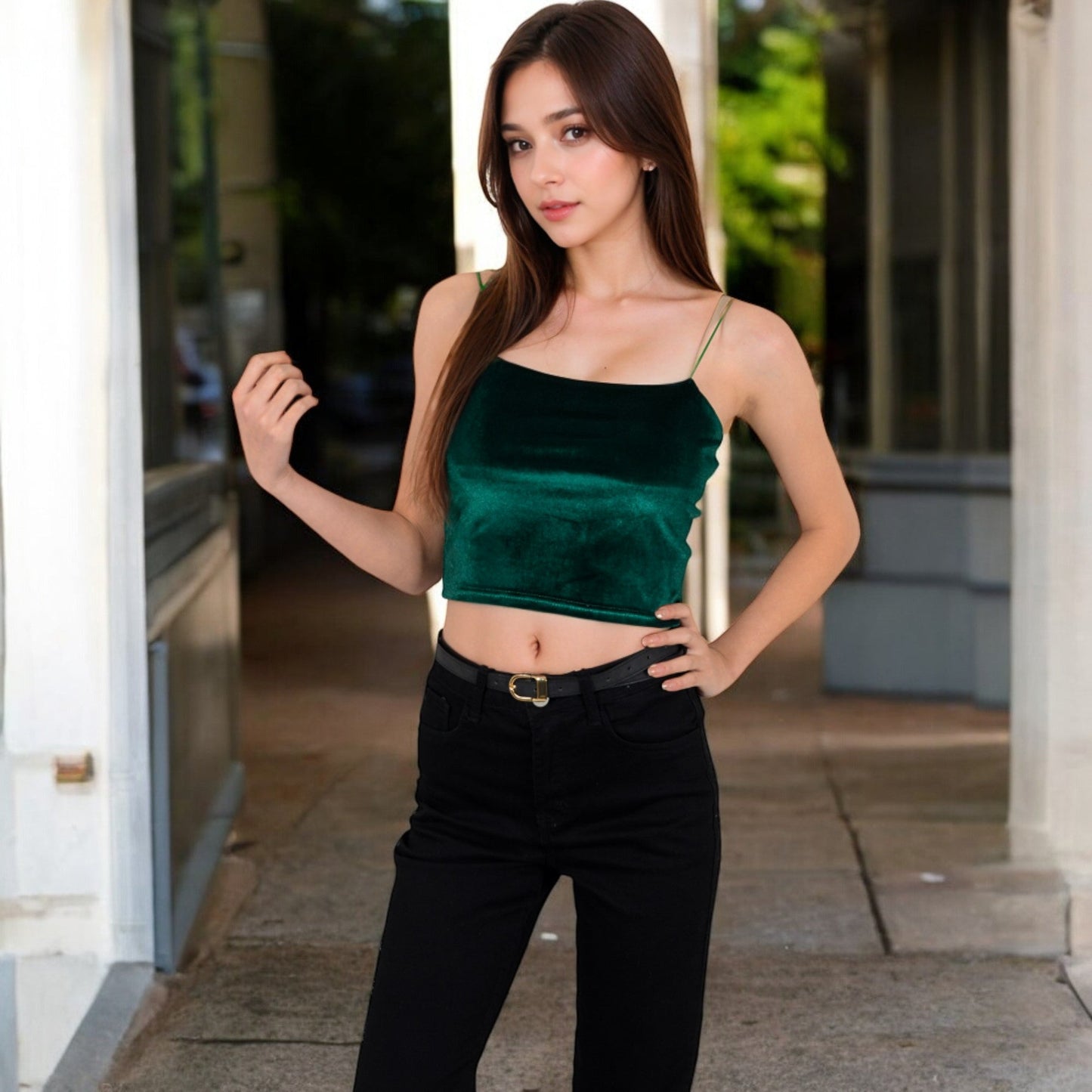 Velvet Spaghetti Strap Cropped Cami Top