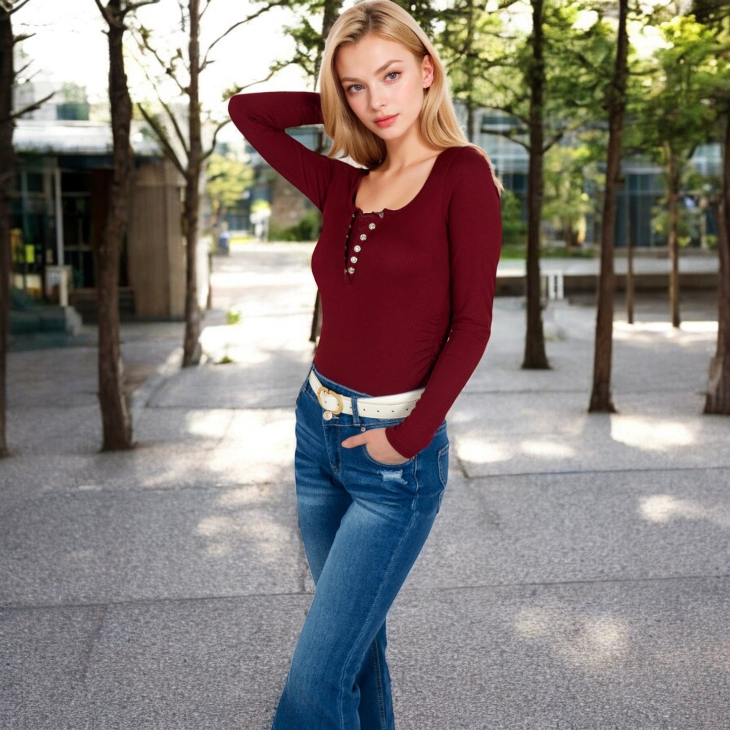 Long Sleeve Lace Detail Henley Top with Decorative Buttons