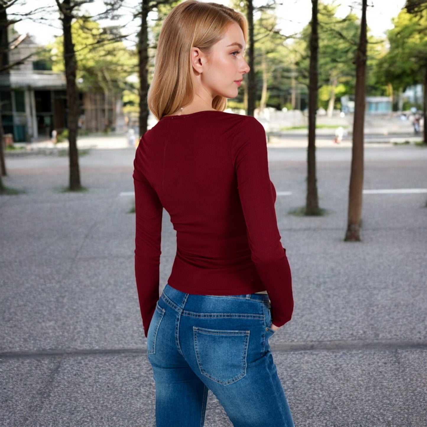 Long Sleeve Lace Detail Henley Top with Decorative Buttons