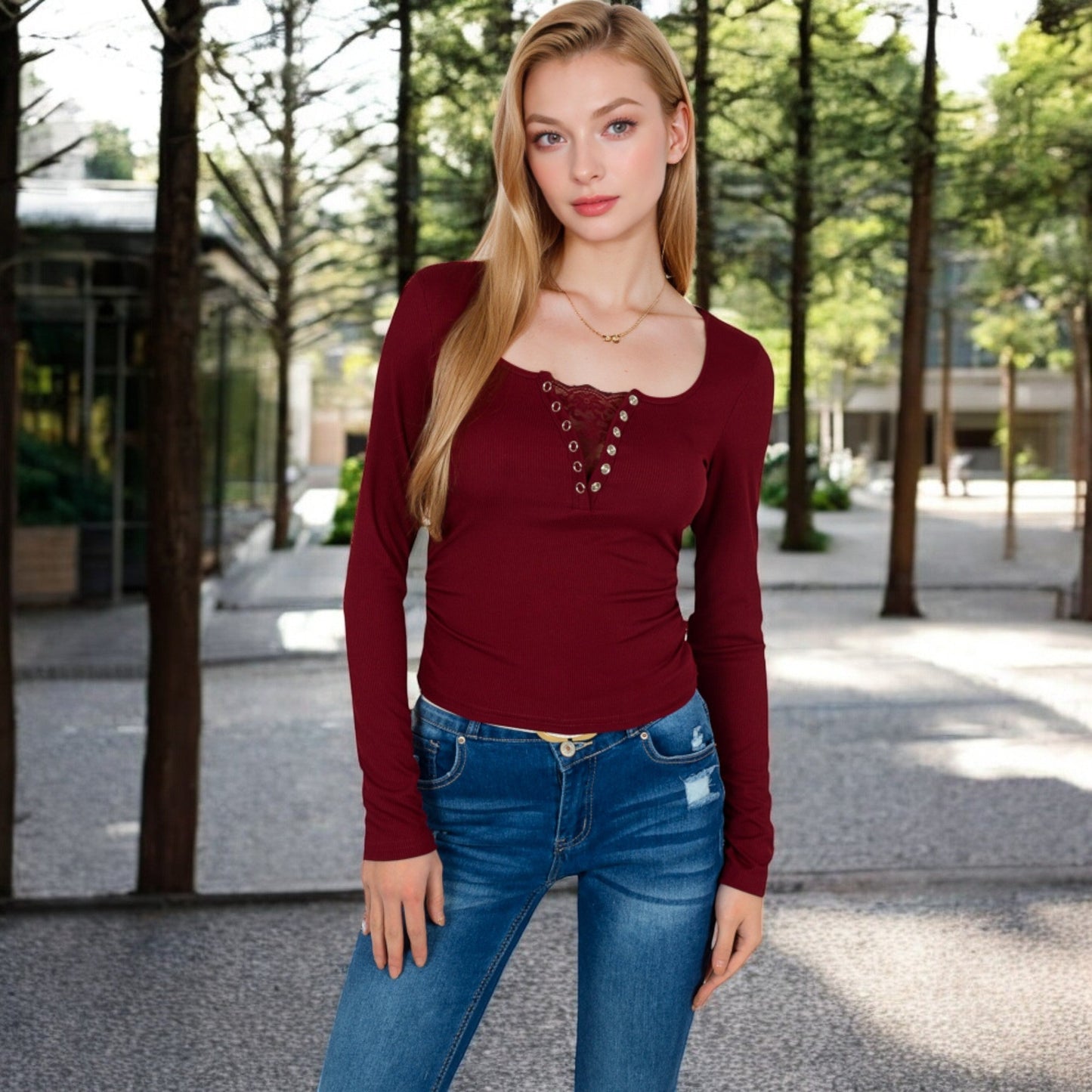 Long Sleeve Lace Detail Henley Top with Decorative Buttons