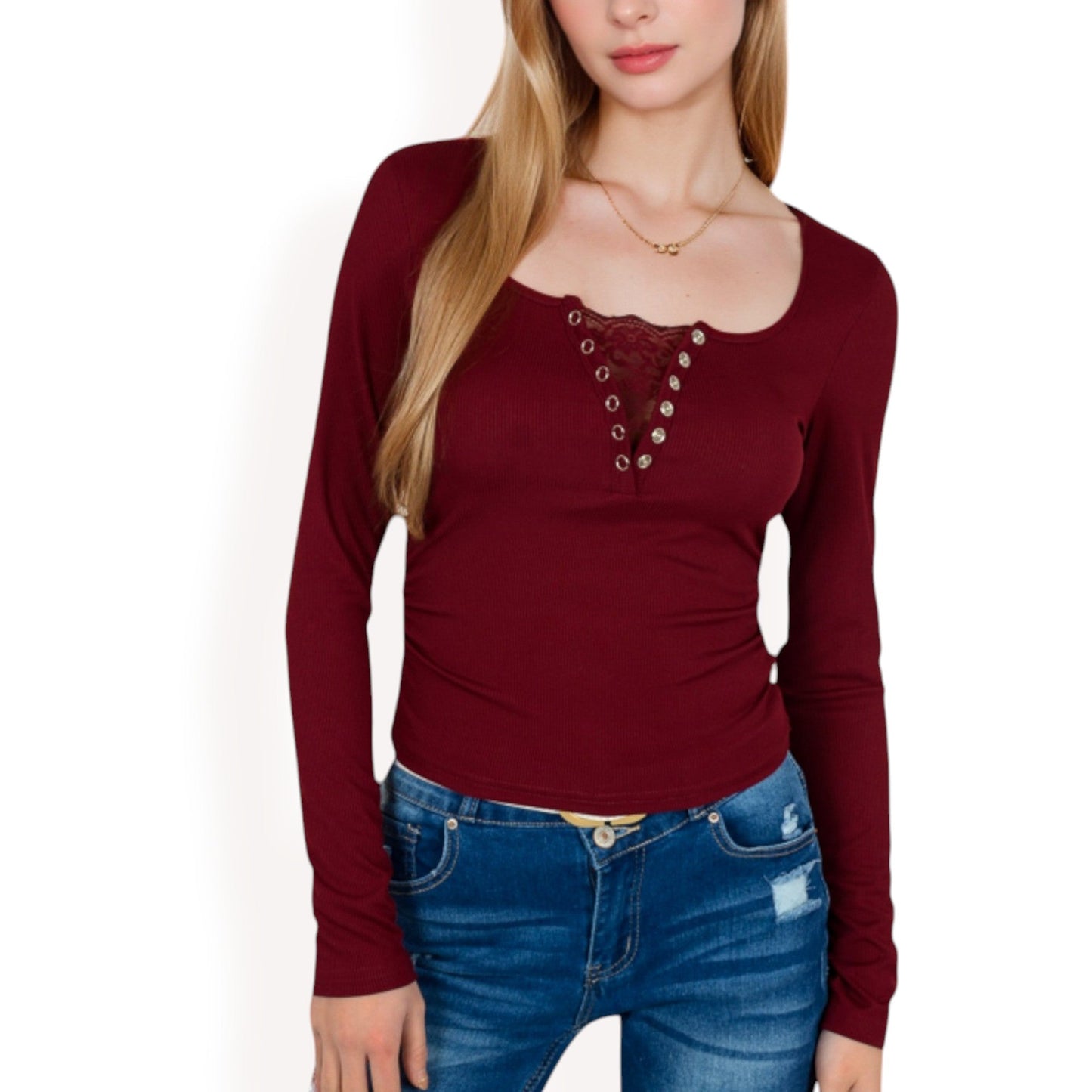 Long Sleeve Lace Detail Henley Top with Decorative Buttons