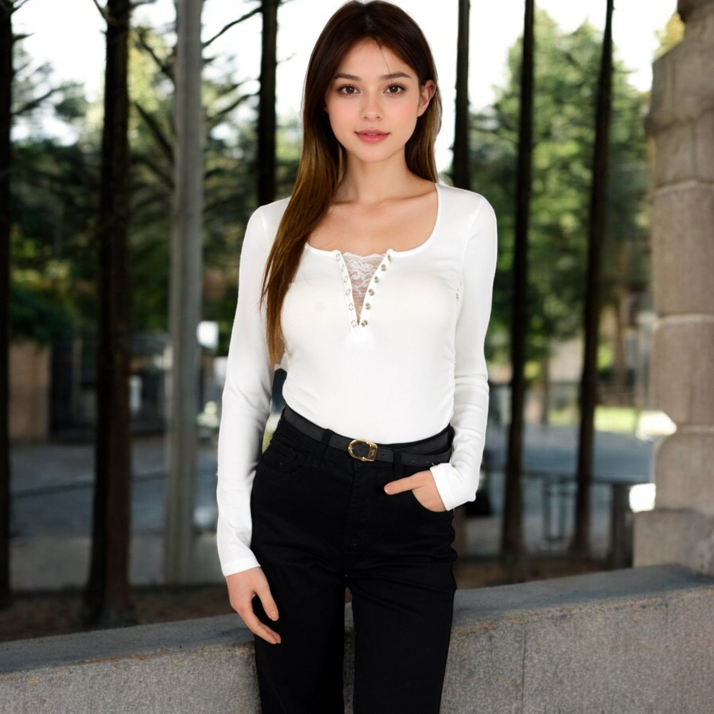 Long Sleeve Lace Detail Henley Top with Decorative Buttons