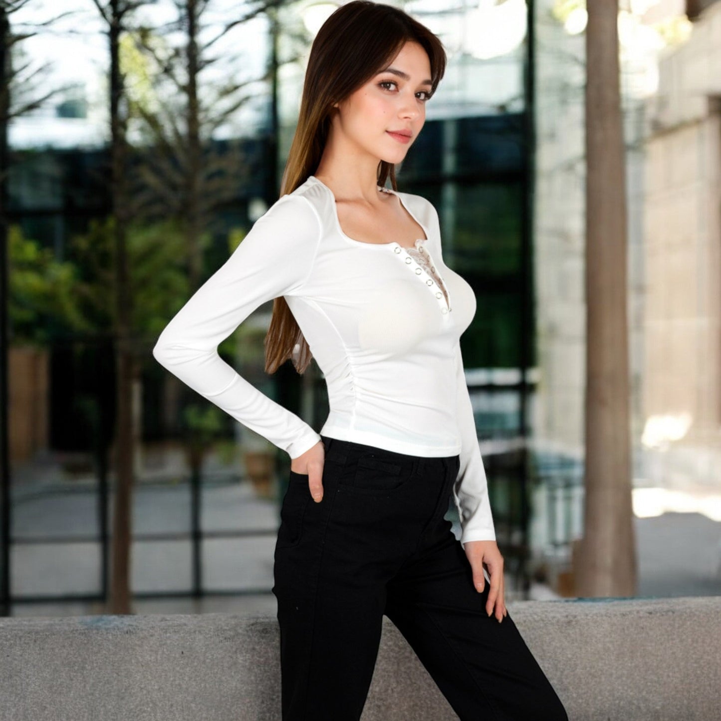 Long Sleeve Lace Detail Henley Top with Decorative Buttons