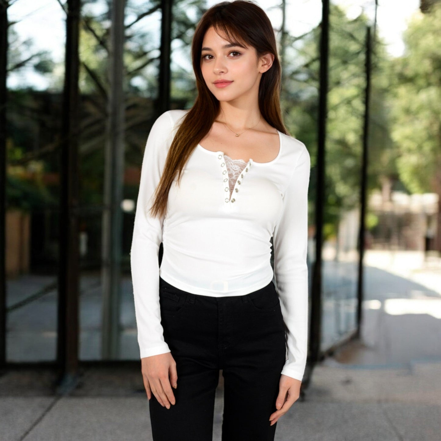 Long Sleeve Lace Detail Henley Top with Decorative Buttons