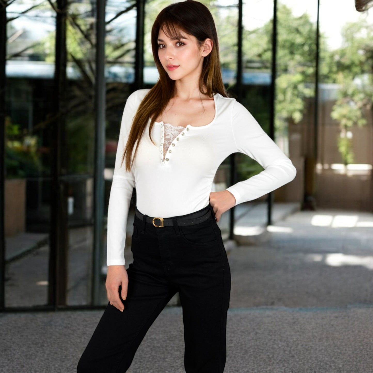Long Sleeve Lace Detail Henley Top with Decorative Buttons