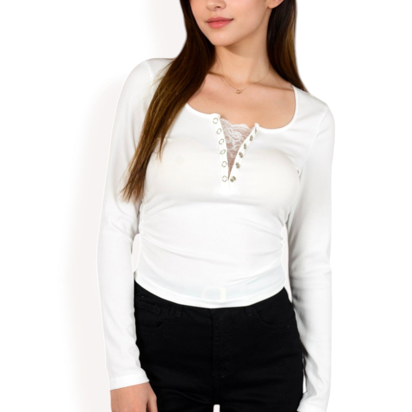 Long Sleeve Lace Detail Henley Top with Decorative Buttons