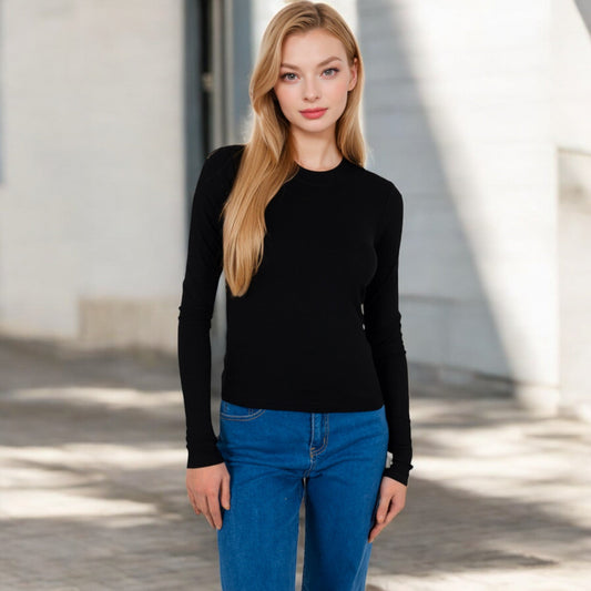 Ribbed Long Sleeve Fitted Crew Neck Top