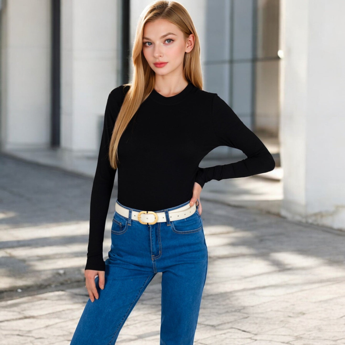 Ribbed Long Sleeve Fitted Crew Neck Top