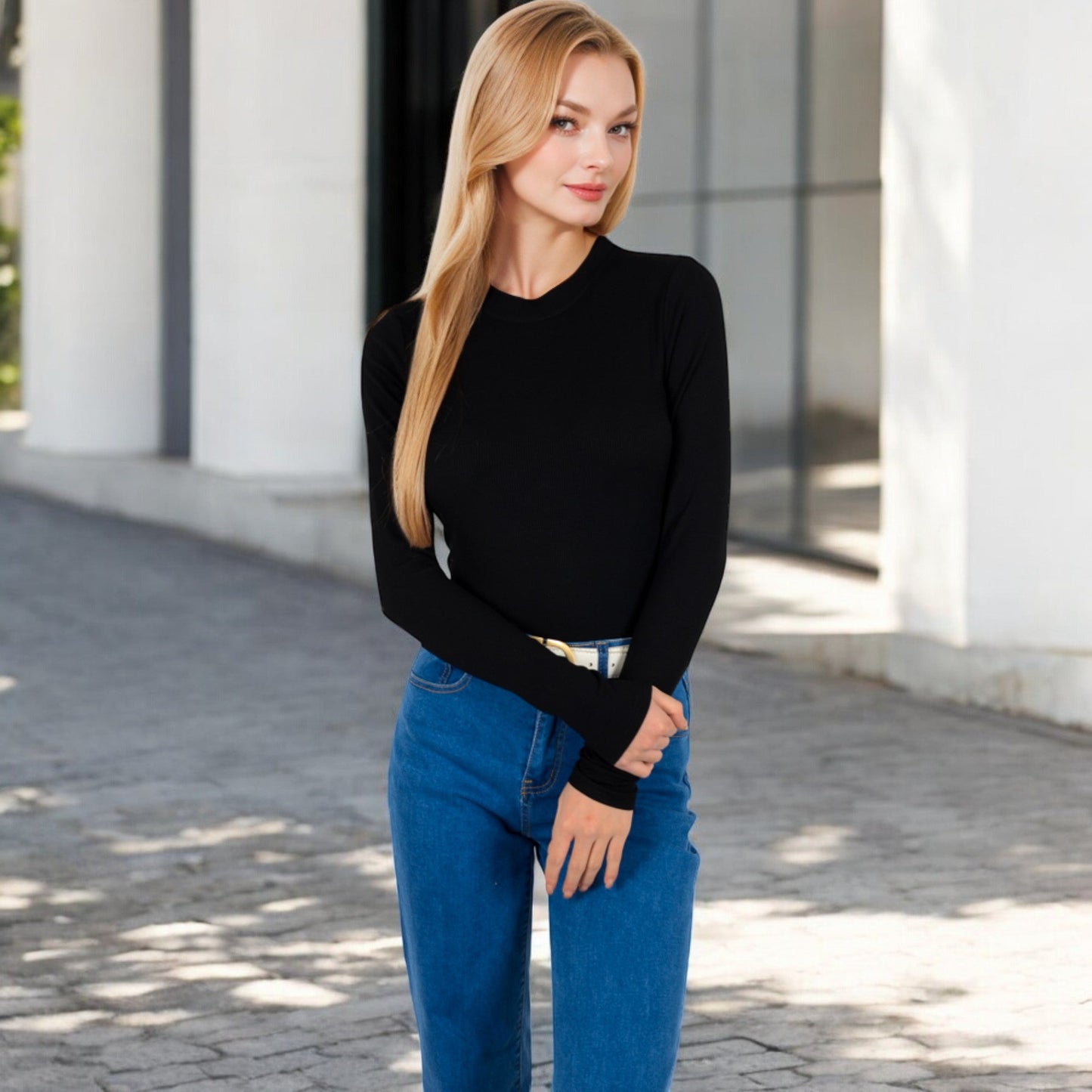 Ribbed Long Sleeve Fitted Crew Neck Top