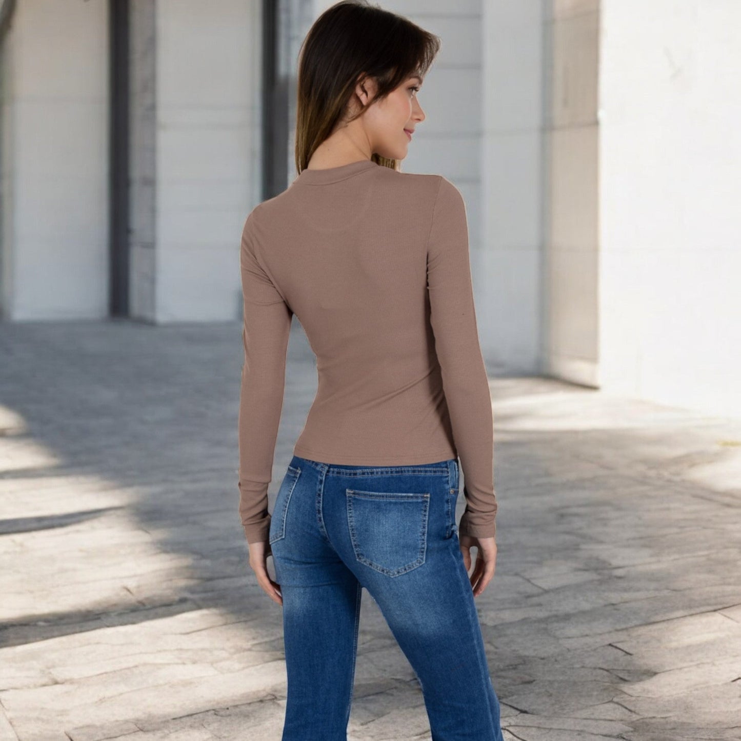 Ribbed Long Sleeve Fitted Crew Neck Top
