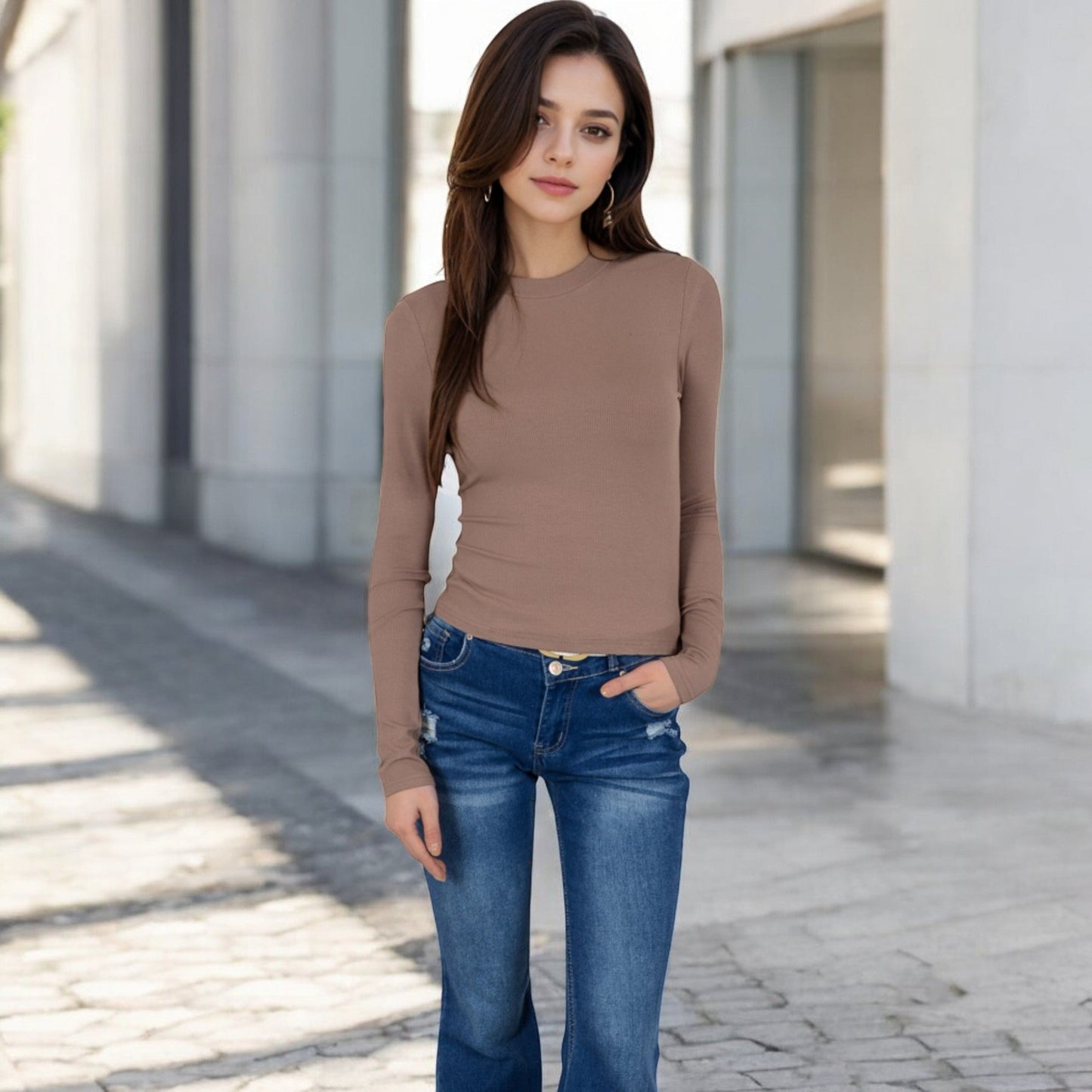 Ribbed Long Sleeve Fitted Crew Neck Top