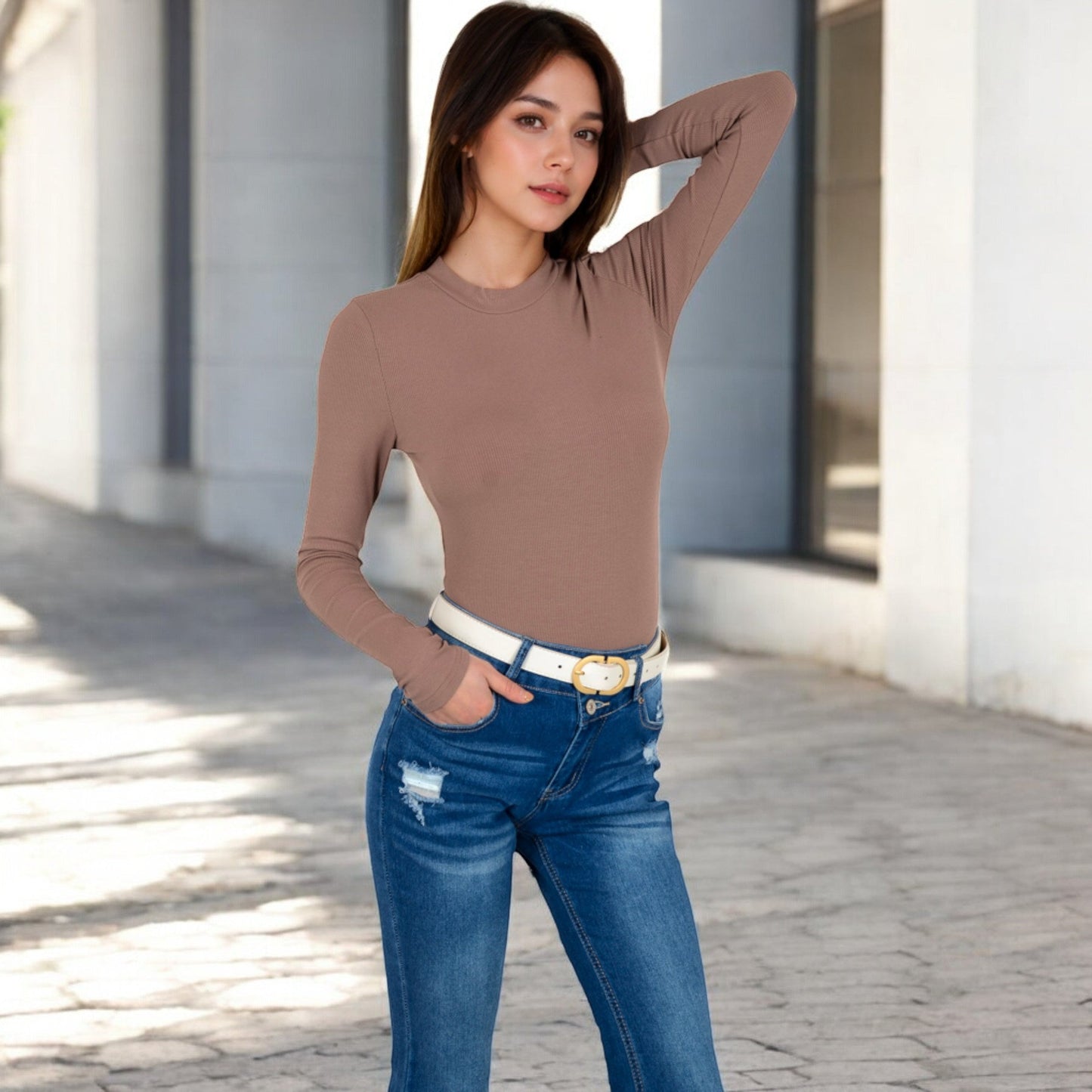Ribbed Long Sleeve Fitted Crew Neck Top