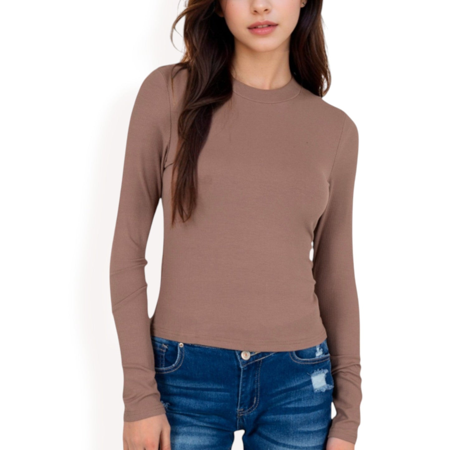 Ribbed Long Sleeve Fitted Crew Neck Top