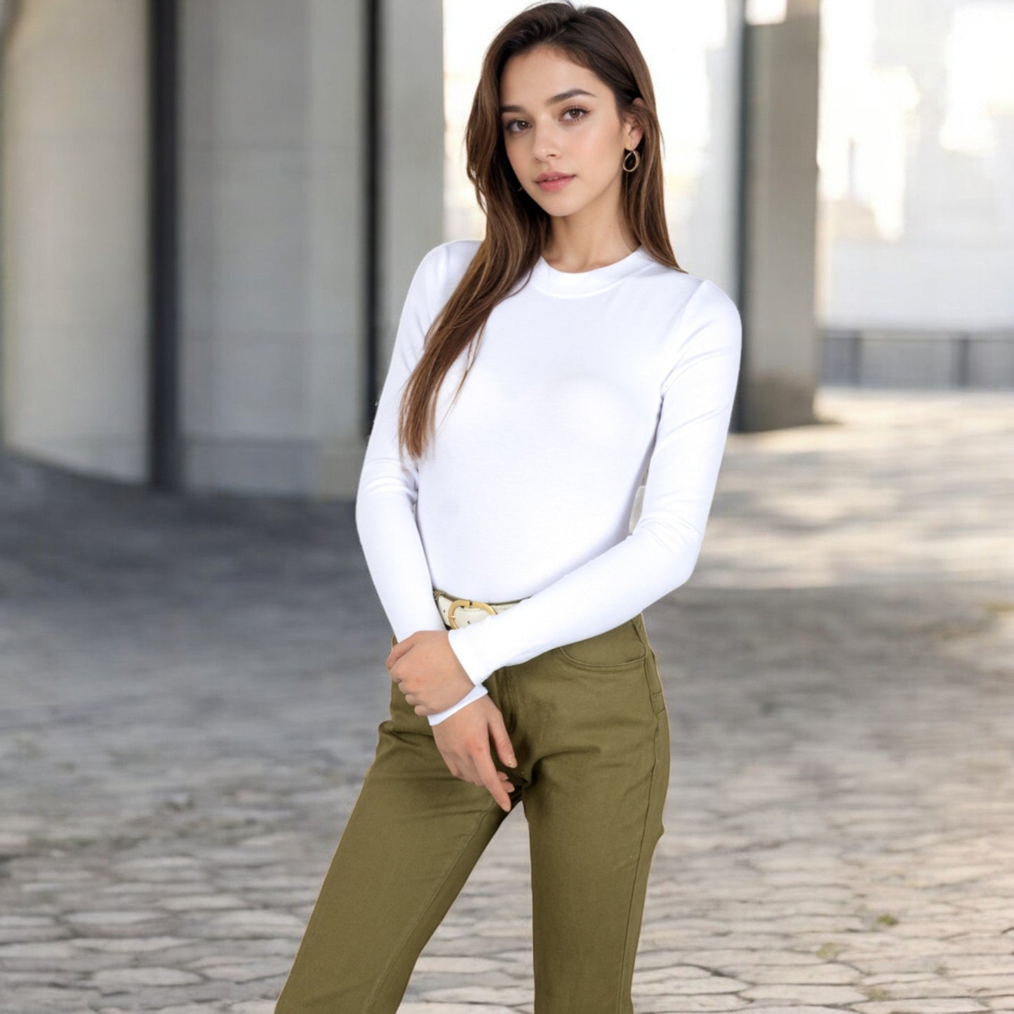 Ribbed Long Sleeve Fitted Crew Neck Top
