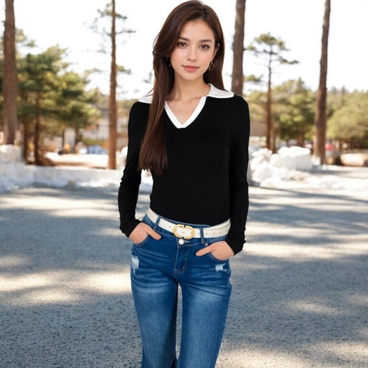 Long Sleeve V-Neck Shirt with Contrast Collar