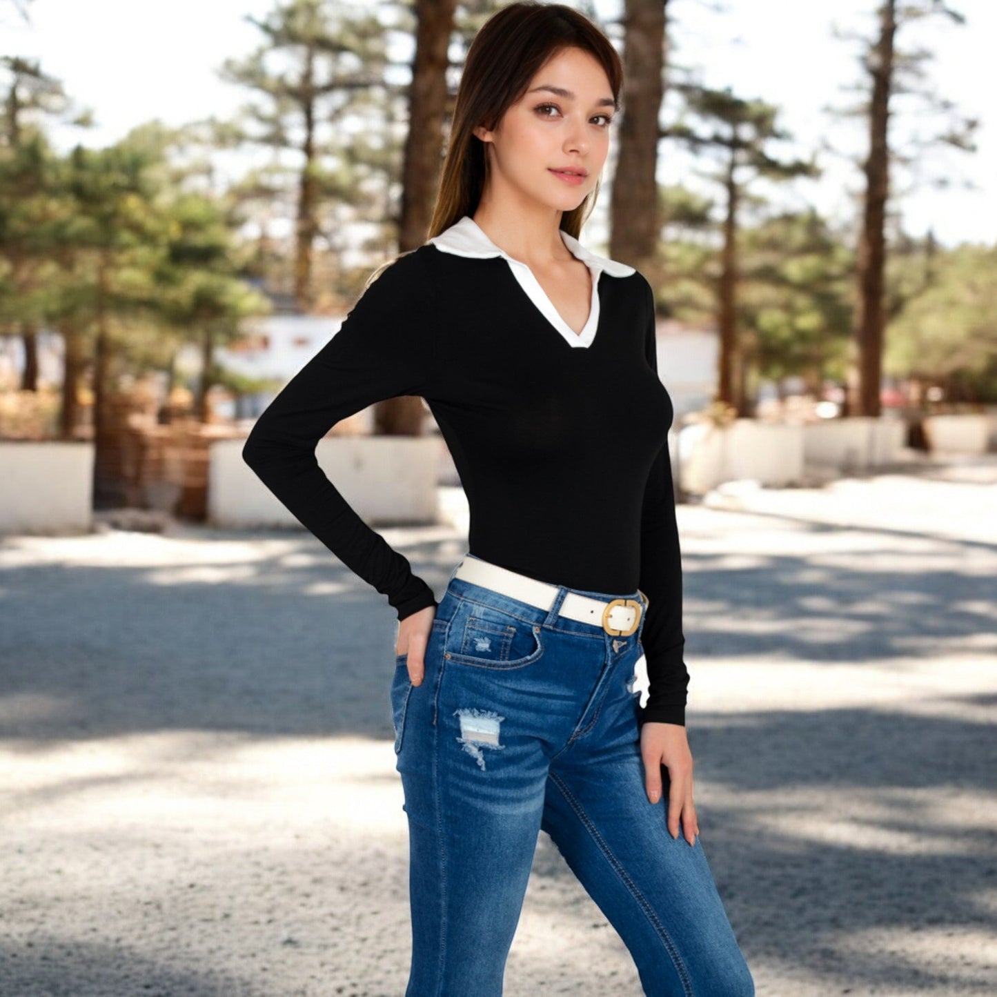 Long Sleeve V-Neck Shirt with Contrast Collar