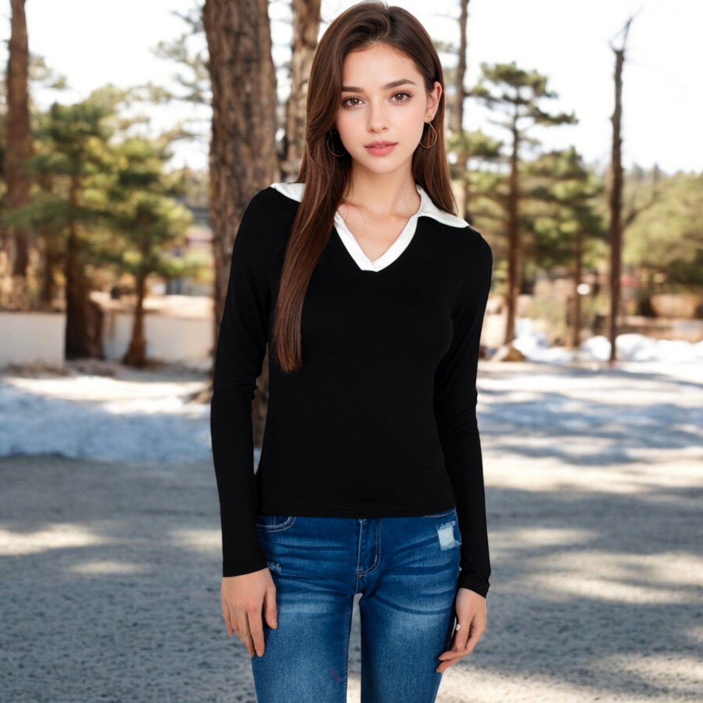 Long Sleeve V-Neck Shirt with Contrast Collar
