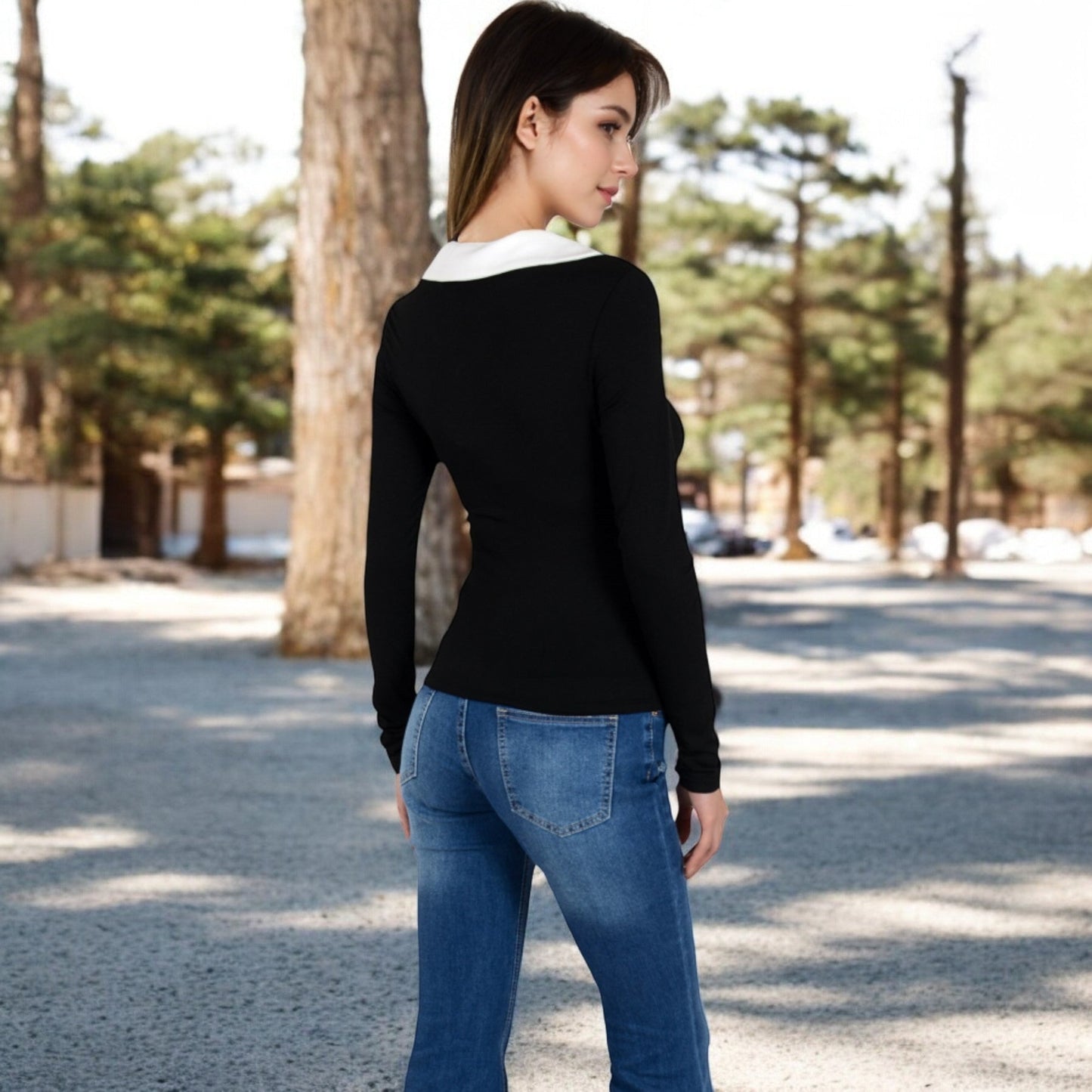 Long Sleeve V-Neck Shirt with Contrast Collar