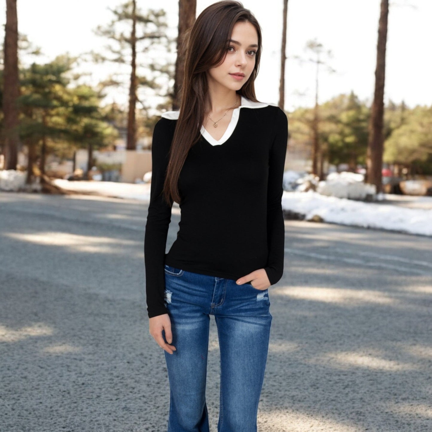 Long Sleeve V-Neck Shirt with Contrast Collar