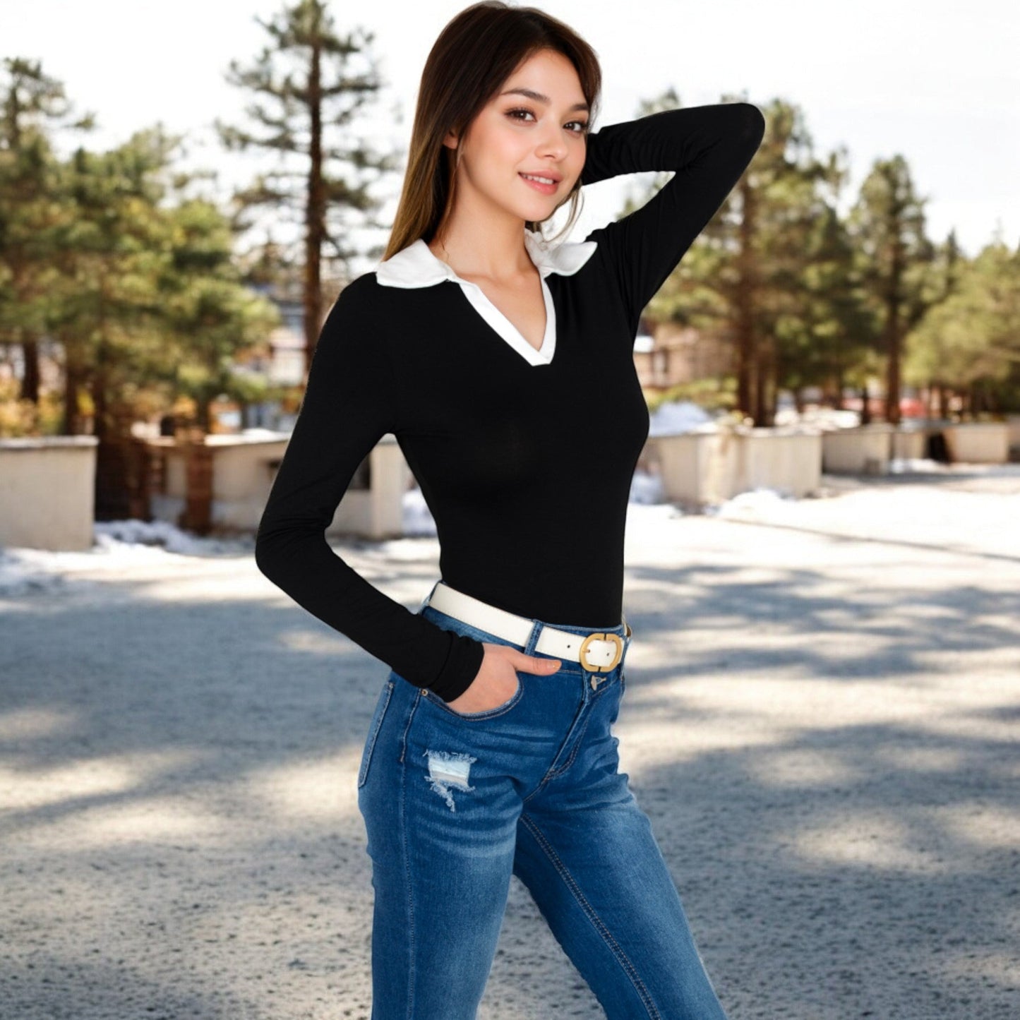 Long Sleeve V-Neck Shirt with Contrast Collar
