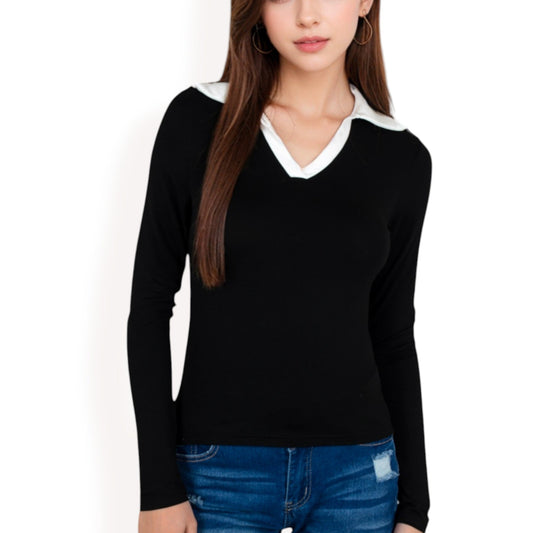 Long Sleeve V-Neck Shirt with Contrast Collar