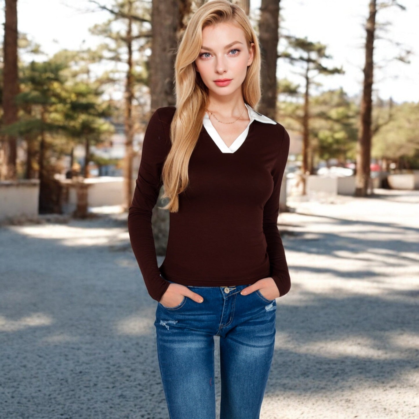 Long Sleeve V-Neck Shirt with Contrast Collar