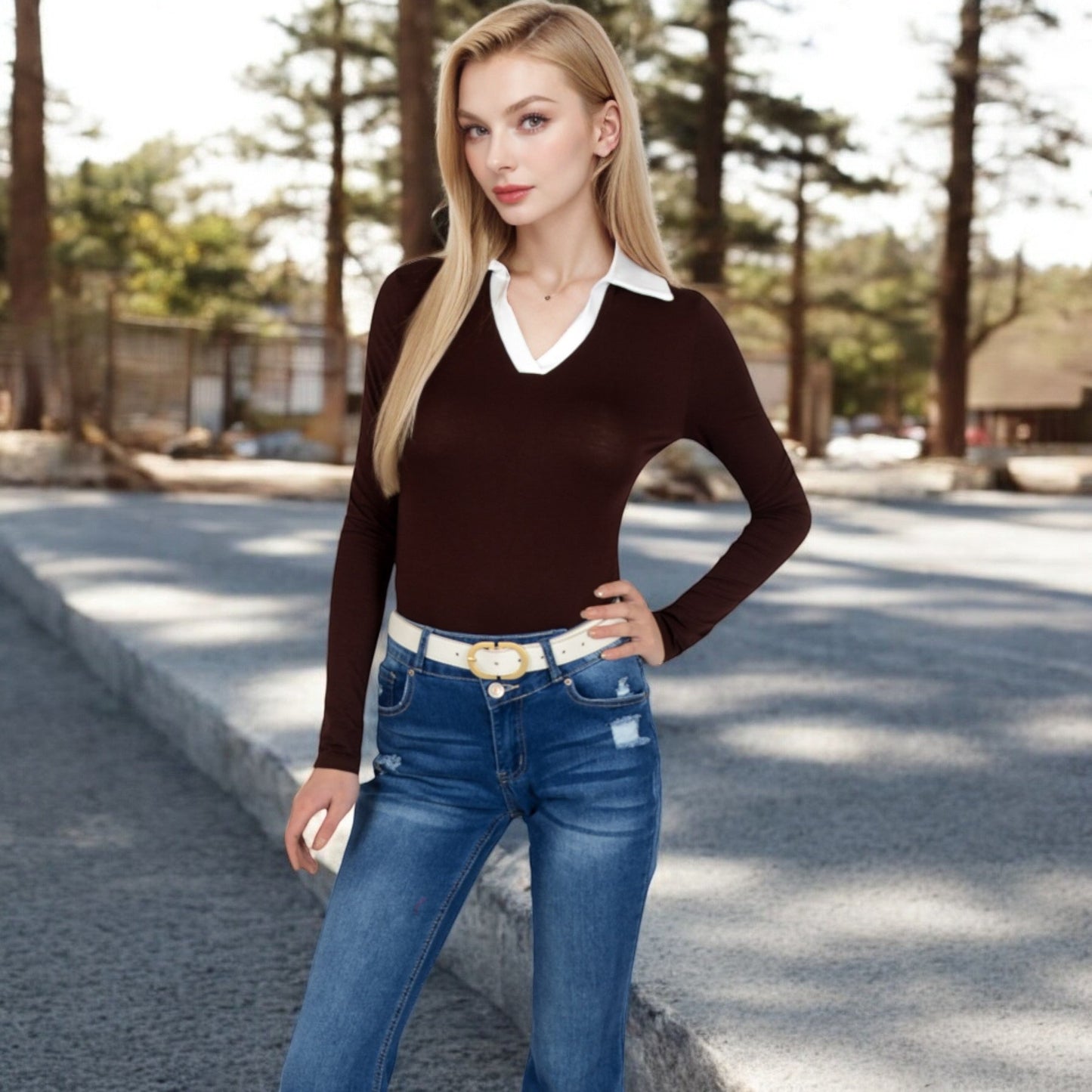 Long Sleeve V-Neck Shirt with Contrast Collar