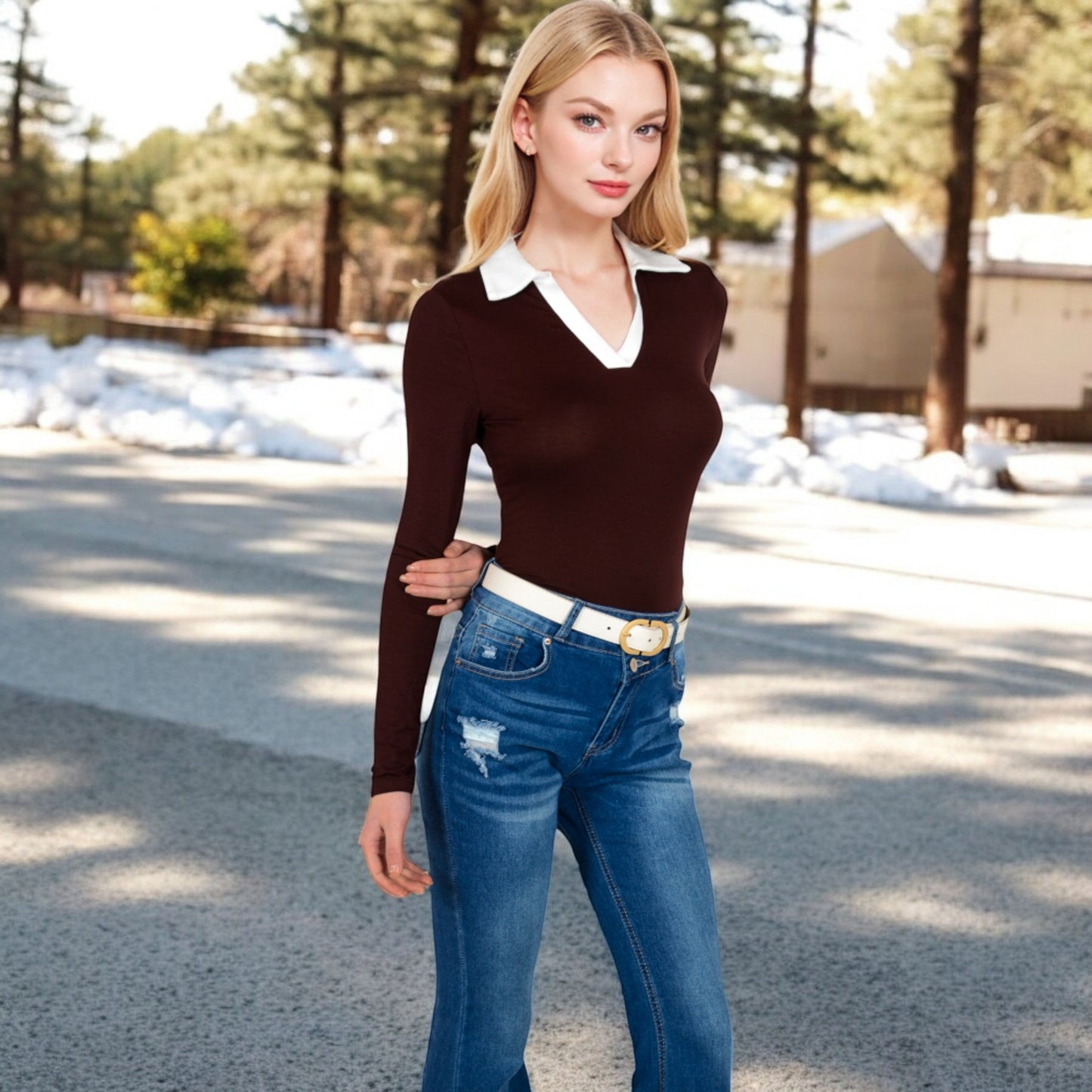 Long Sleeve V-Neck Shirt with Contrast Collar