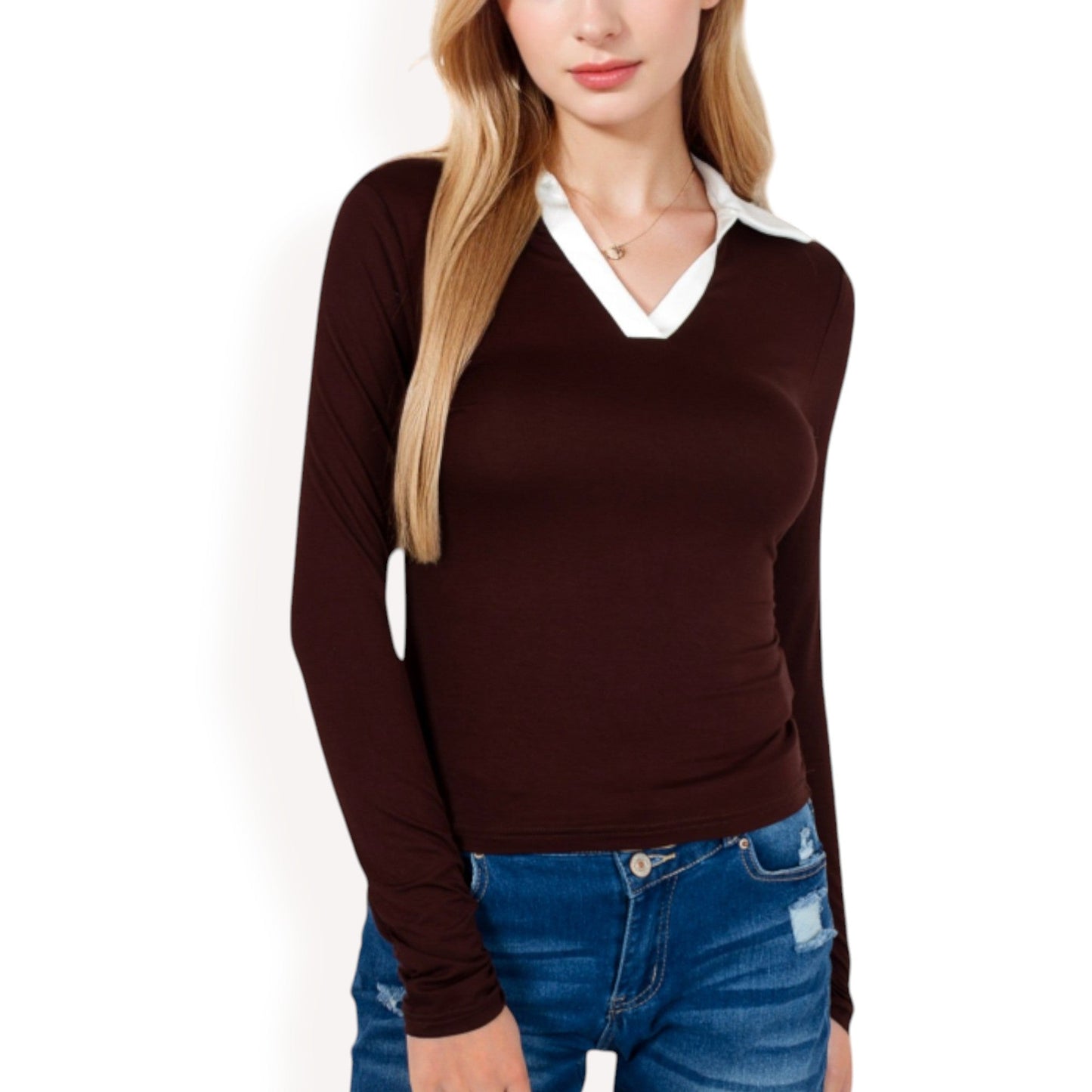Long Sleeve V-Neck Shirt with Contrast Collar
