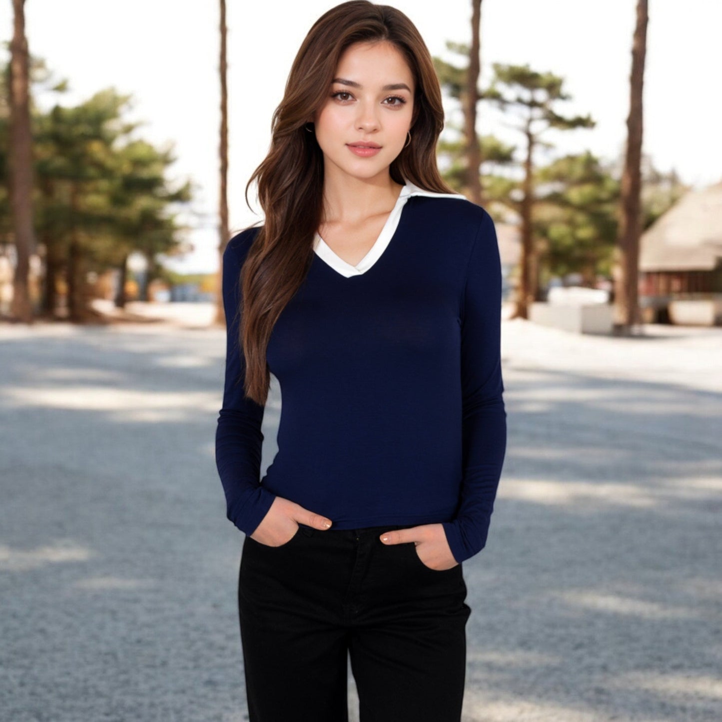 Long Sleeve V-Neck Shirt with Contrast Collar