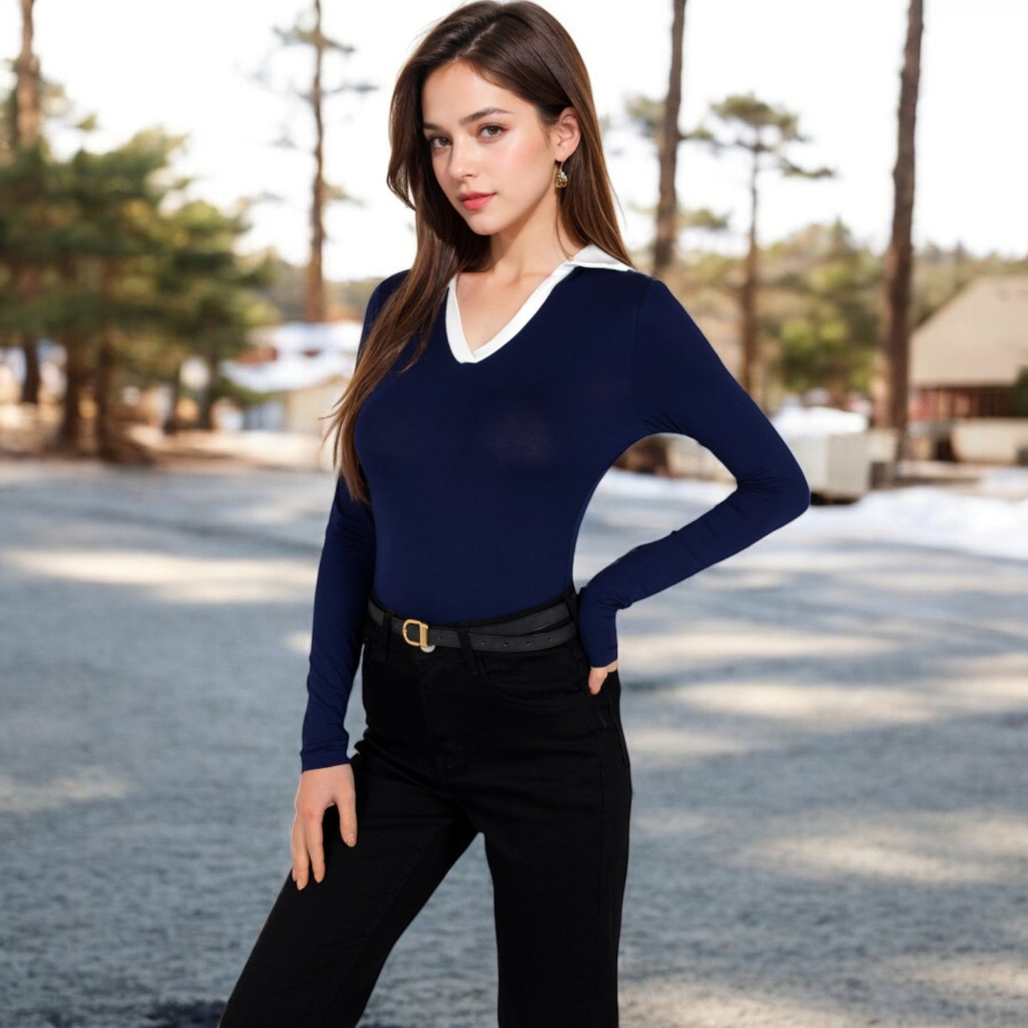 Long Sleeve V-Neck Shirt with Contrast Collar